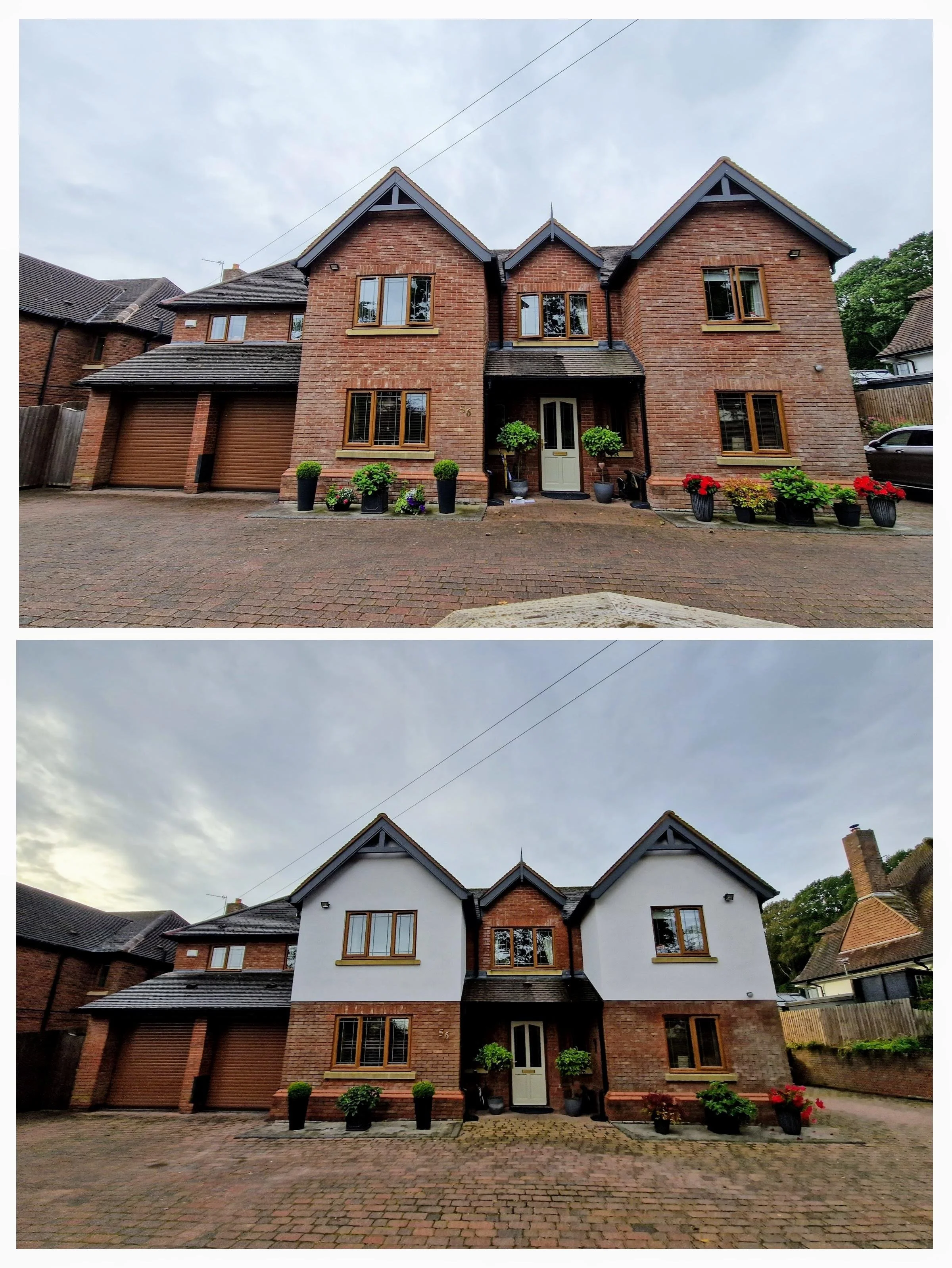 Side-by-side comparison of a brick house, with the top image showing the house with brick exterior and the bottom image showing the house with white stucco added to the exterior. render THIS