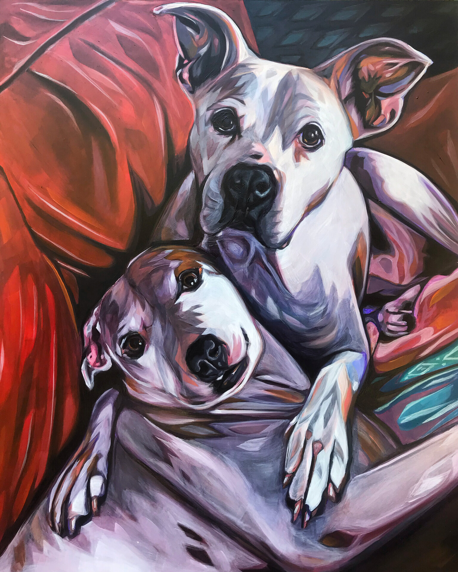 Hand Painted Dog Portrait of Chelsea & Charlie 16x20 Oil on Hardboard Panel