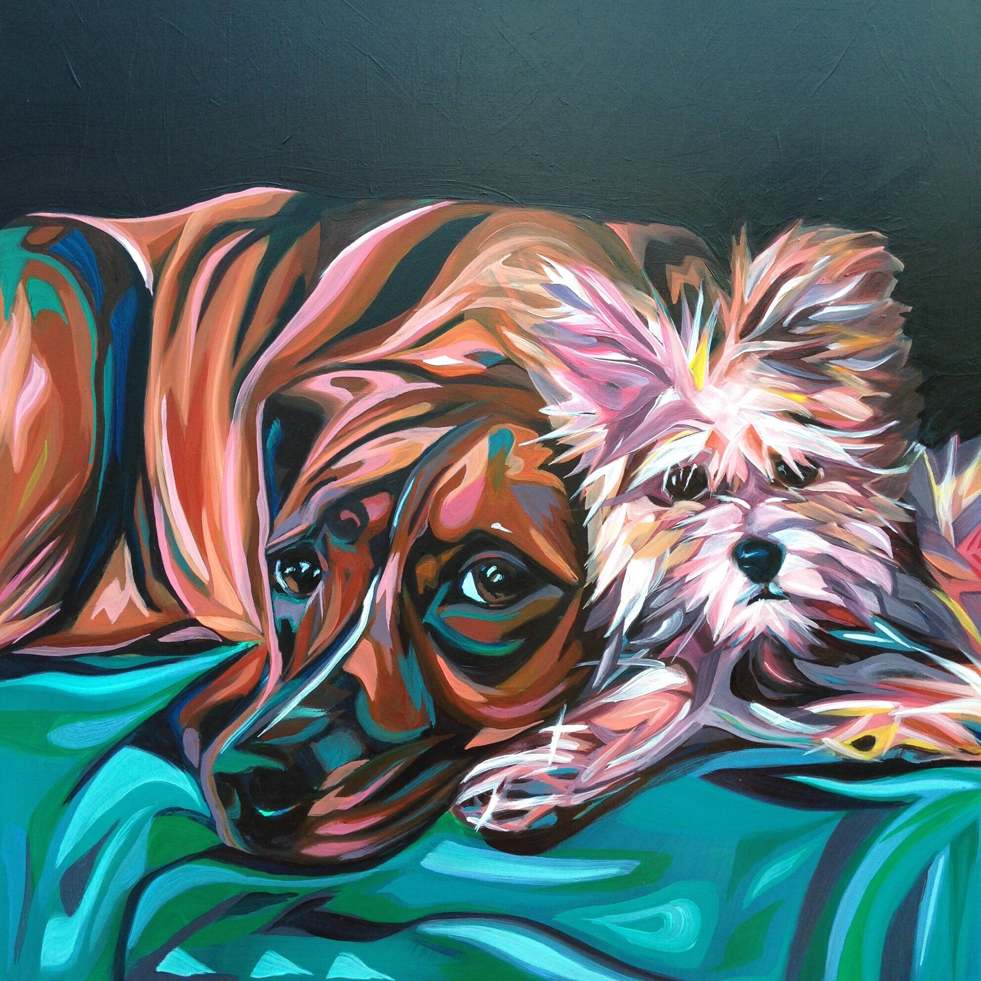 Hand Painted Dog Portrait of Rusty & Violet 16x16 Oil on Hardboard Panel