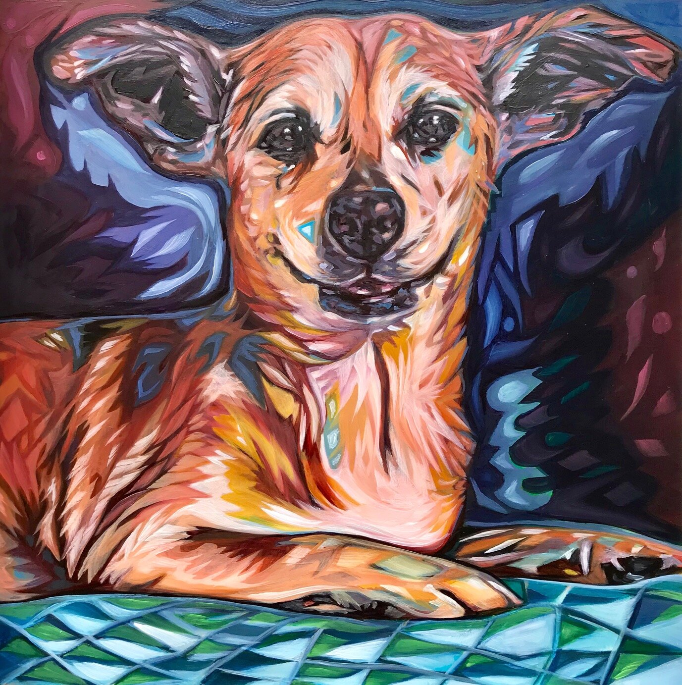 Hand Painted Dog Portrait of Toby 12x12 Oil on Hardboard Panel