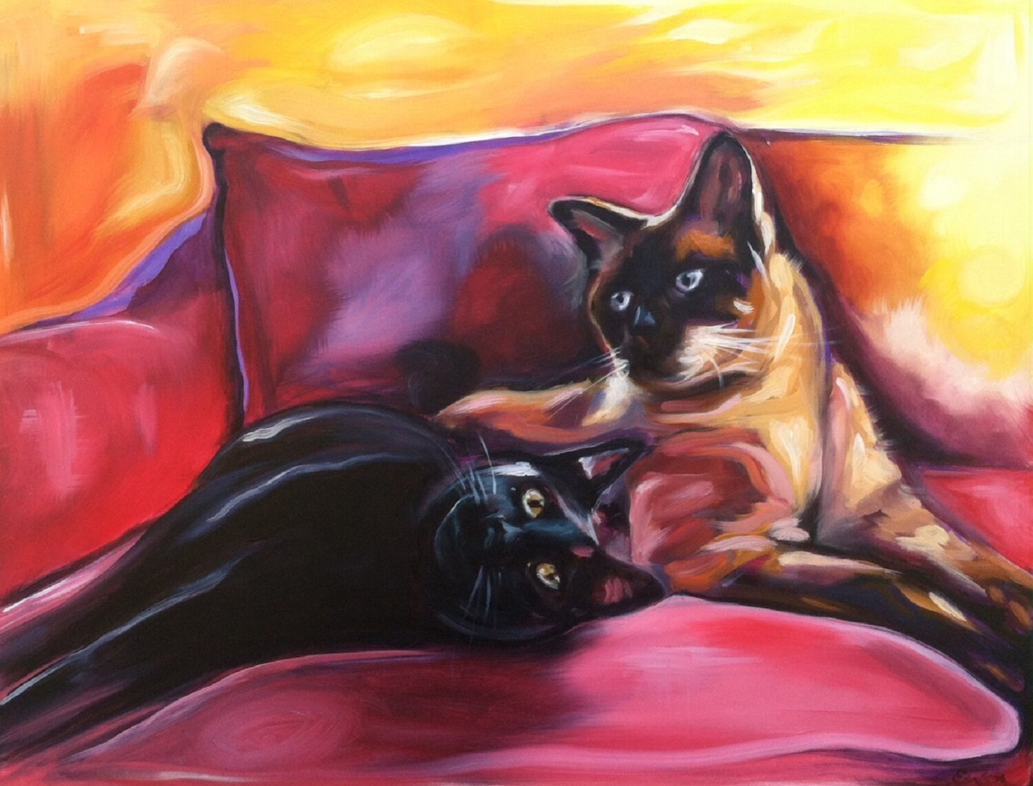Hand Painted Cat Portrait of Lucy & Marshall 18x24 Oil on Hardboard Panel