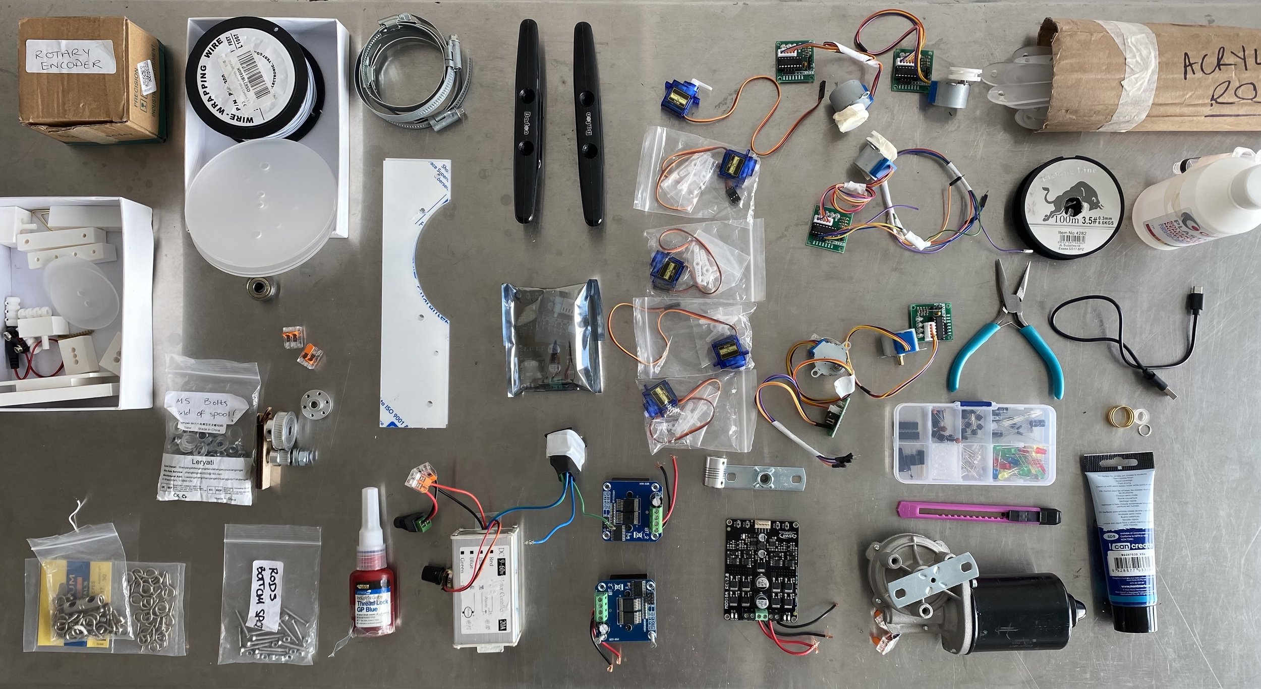 a selection of motors, sensors and electronics the artist will use to make her work