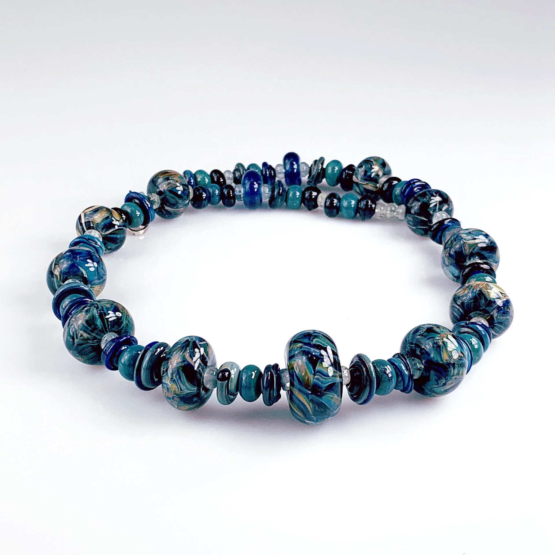 Misty Nights Borosilicate and soda-lime glass, tourmaline, Sterling silver 20 x 1 x 1" $420