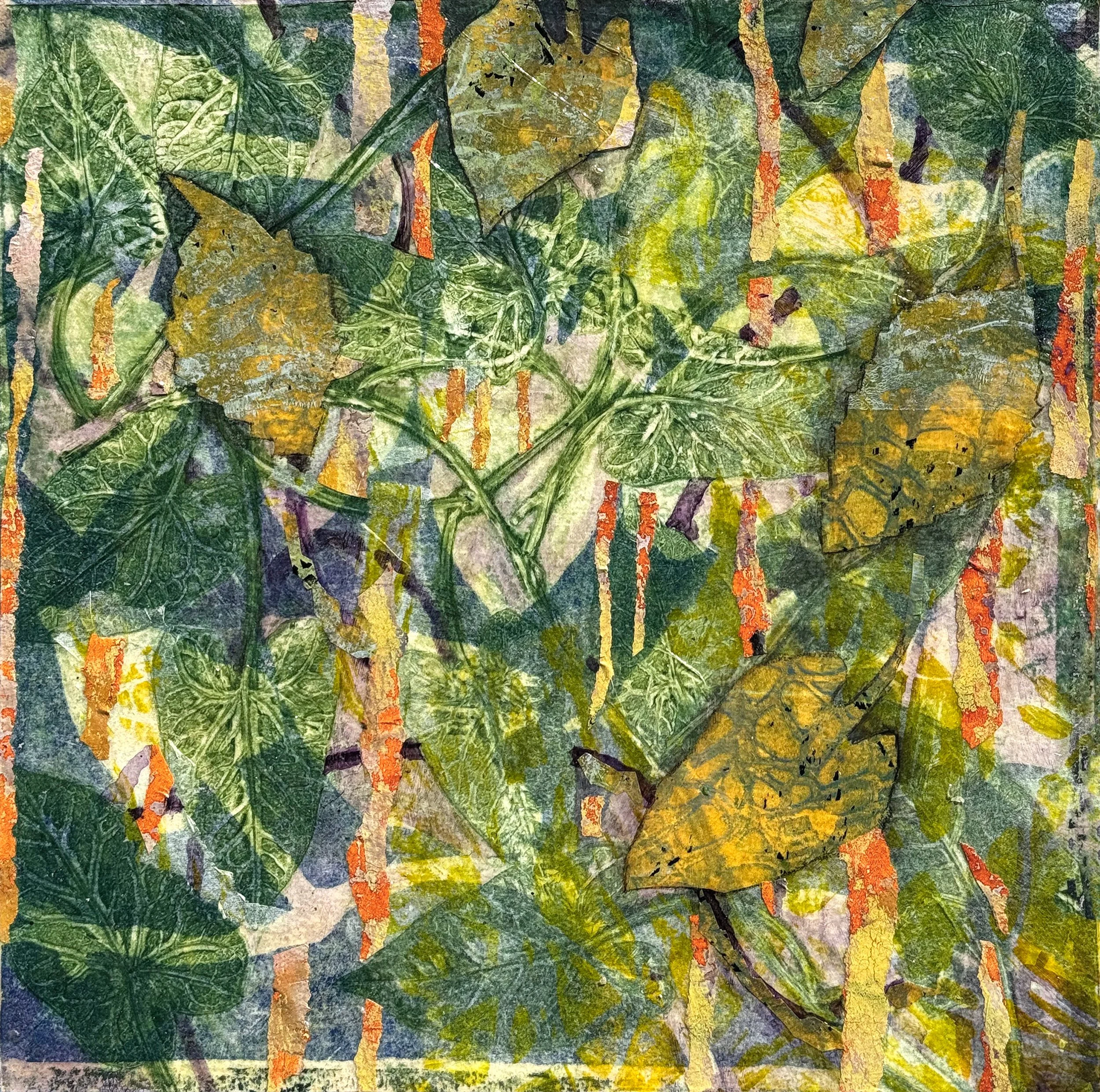 Rambling Vines, 12 x 12 x 1.75" , hand-painted and hand-printed paper, colored pencil, graphite, watercolor collage and wax on cradled board, $550