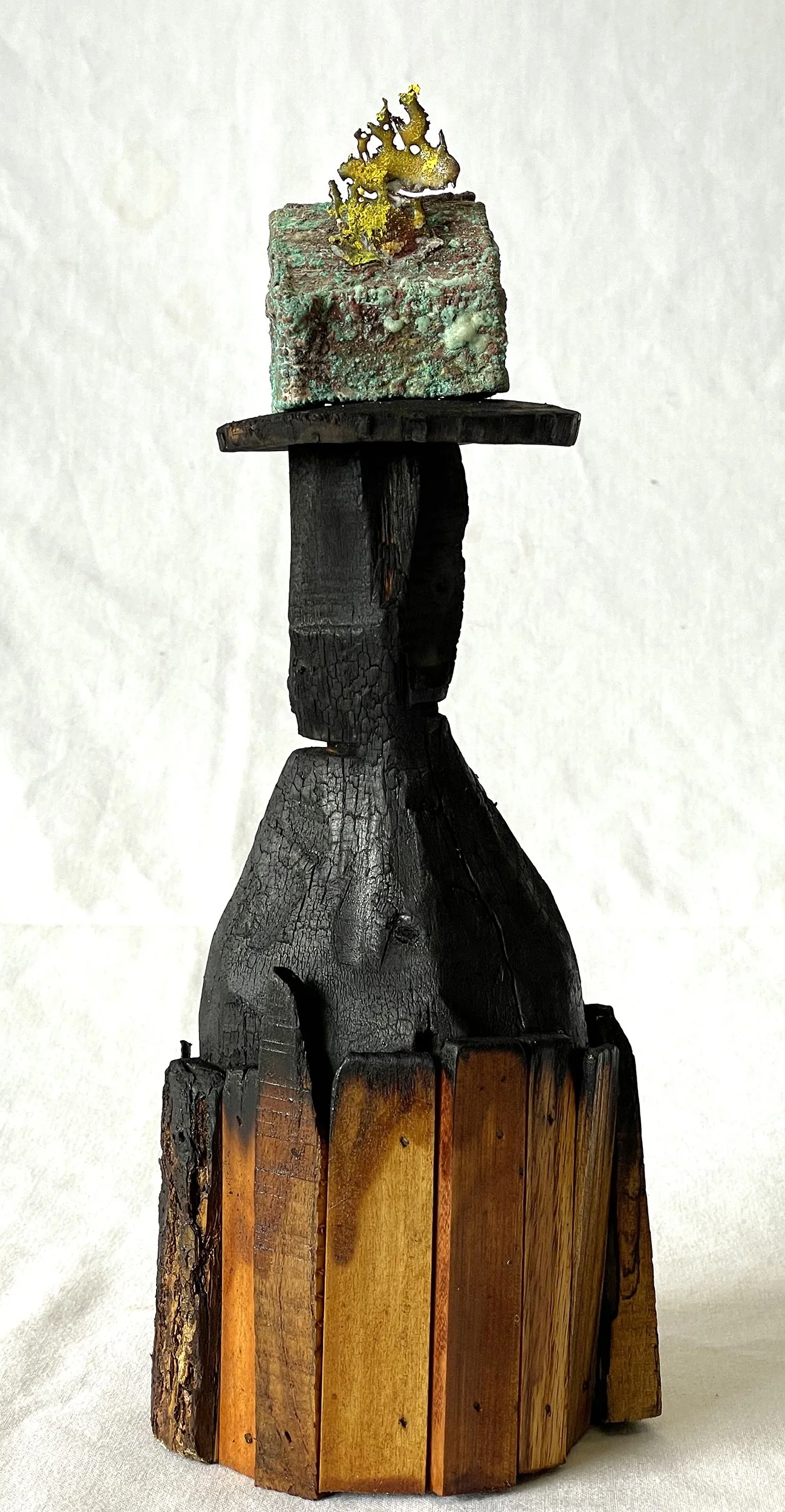 House on Fire
wood, charred wood, electroformed copper, copper enamel, NA