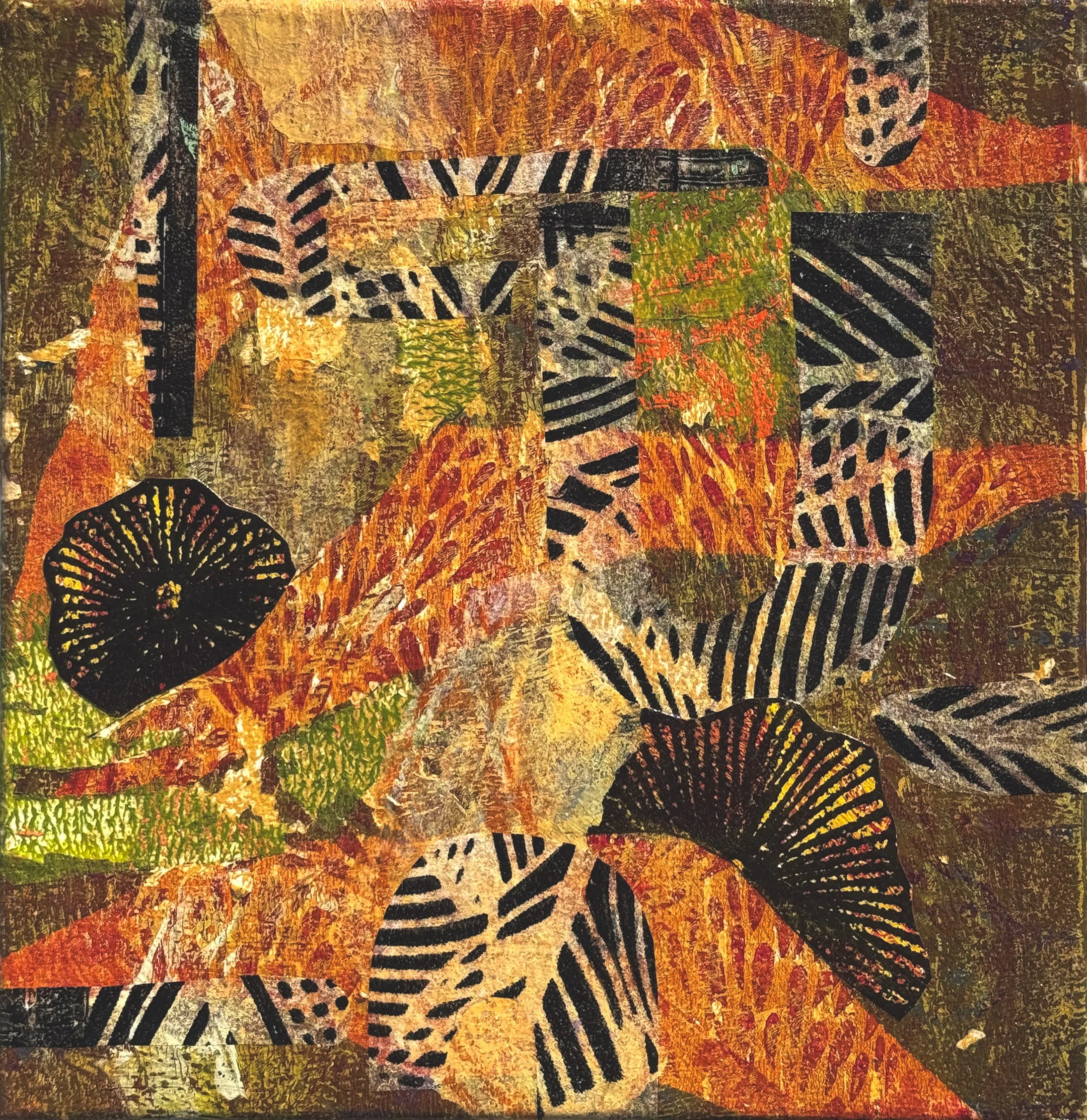 Nastursium, hand-painted and hand-printed paper, ink, watercolor collage and wax on cradled board, 8 x 8 x 1.75", $320