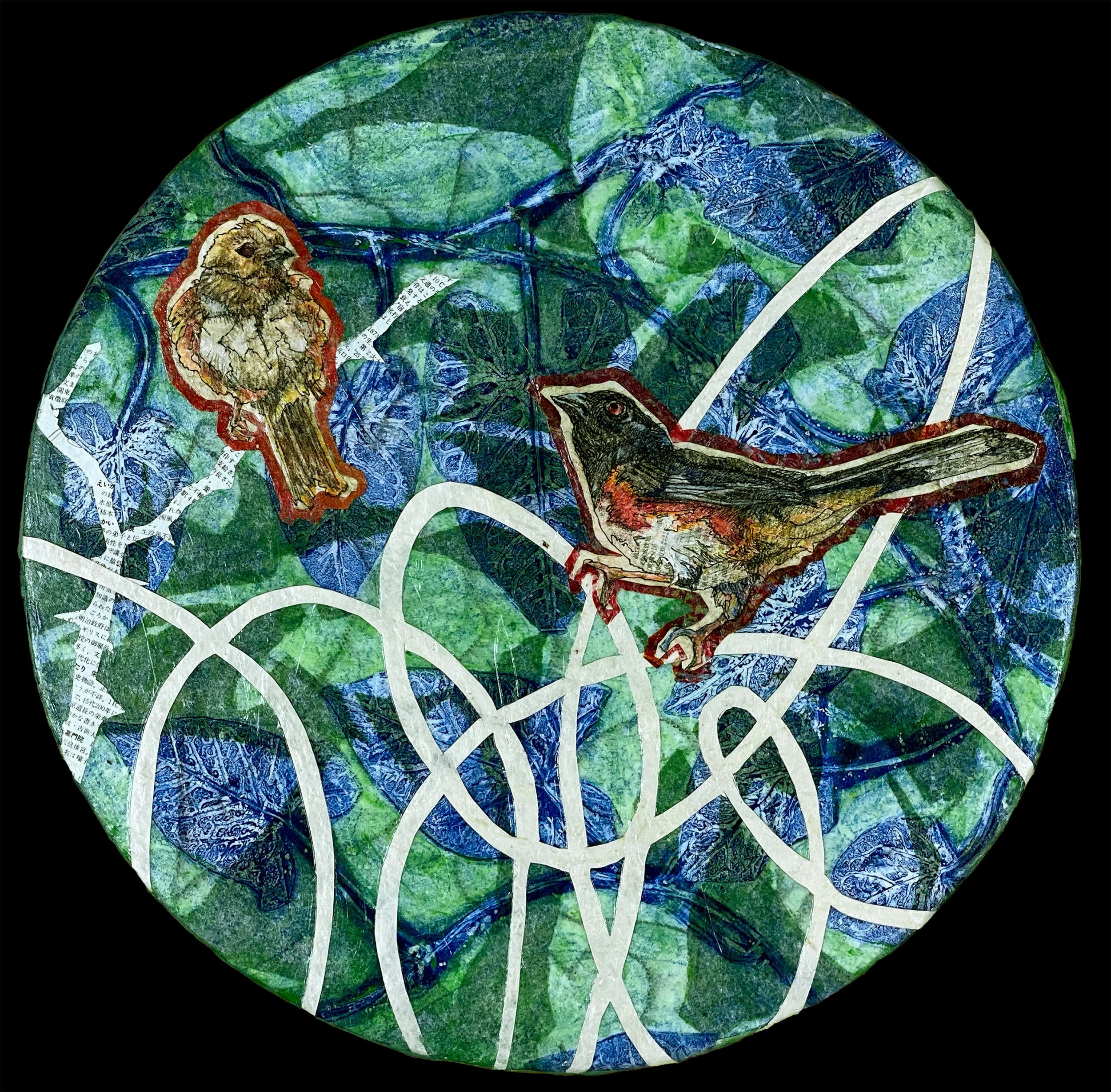 Towhee Courtship, 
painted and printed papers, ink, colored pencil, wax, on canvas, archival varnish
12"Diameter x .5"Deep
$800