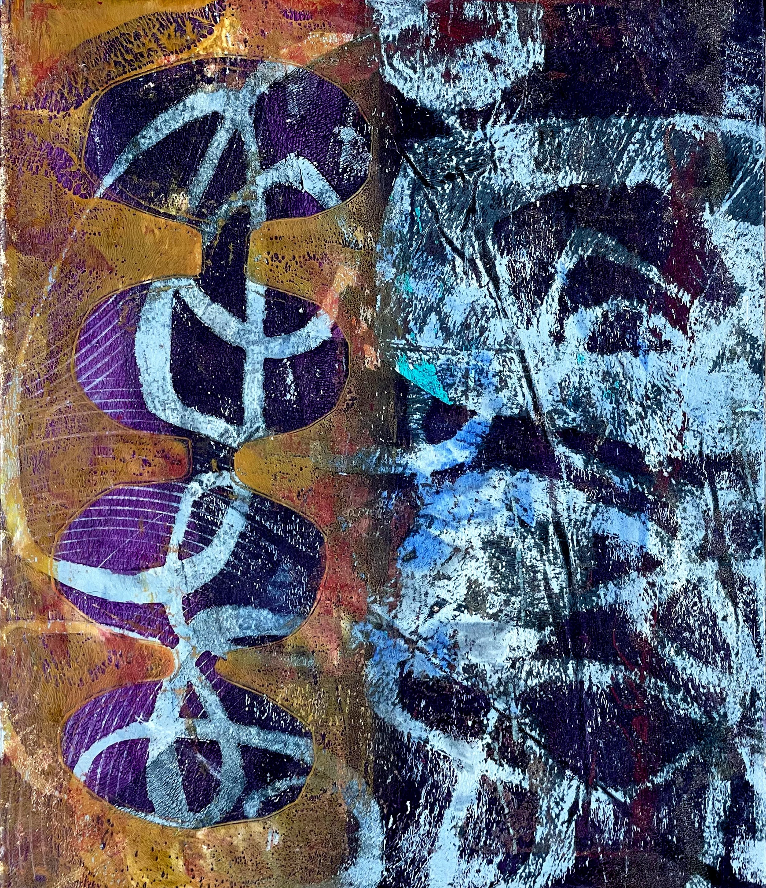 Mulberry Delight
painted and printed papers, ink, colored pencil, wax, on cradled board
12 x 10 x 2"
$460