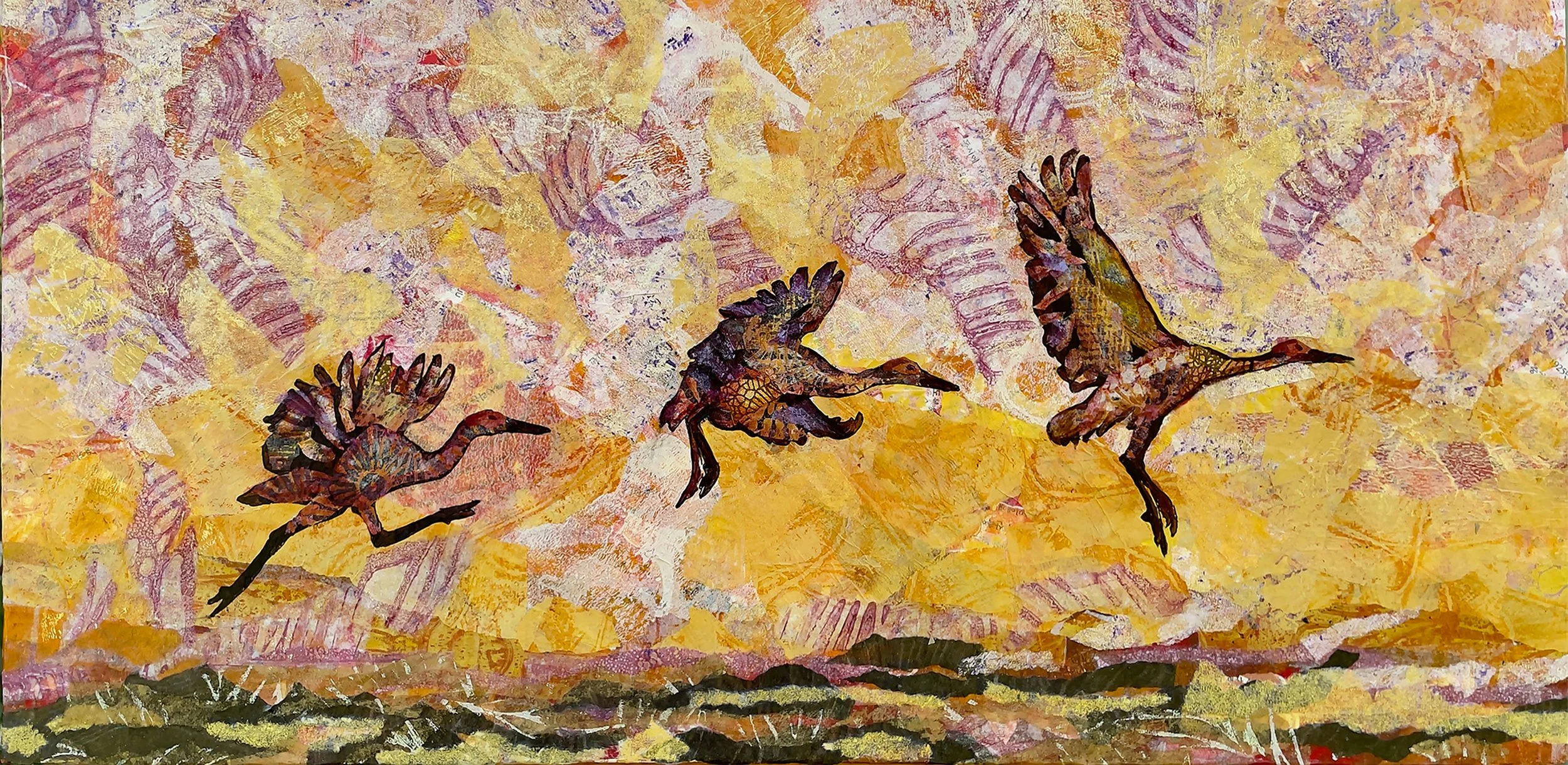 Taking Flight [sandhill cranes]n
painted and printed papers, ink, colored pencil, wax, on cradled board, archival varnish, framed
13 x 22 x 1.5"
$2500