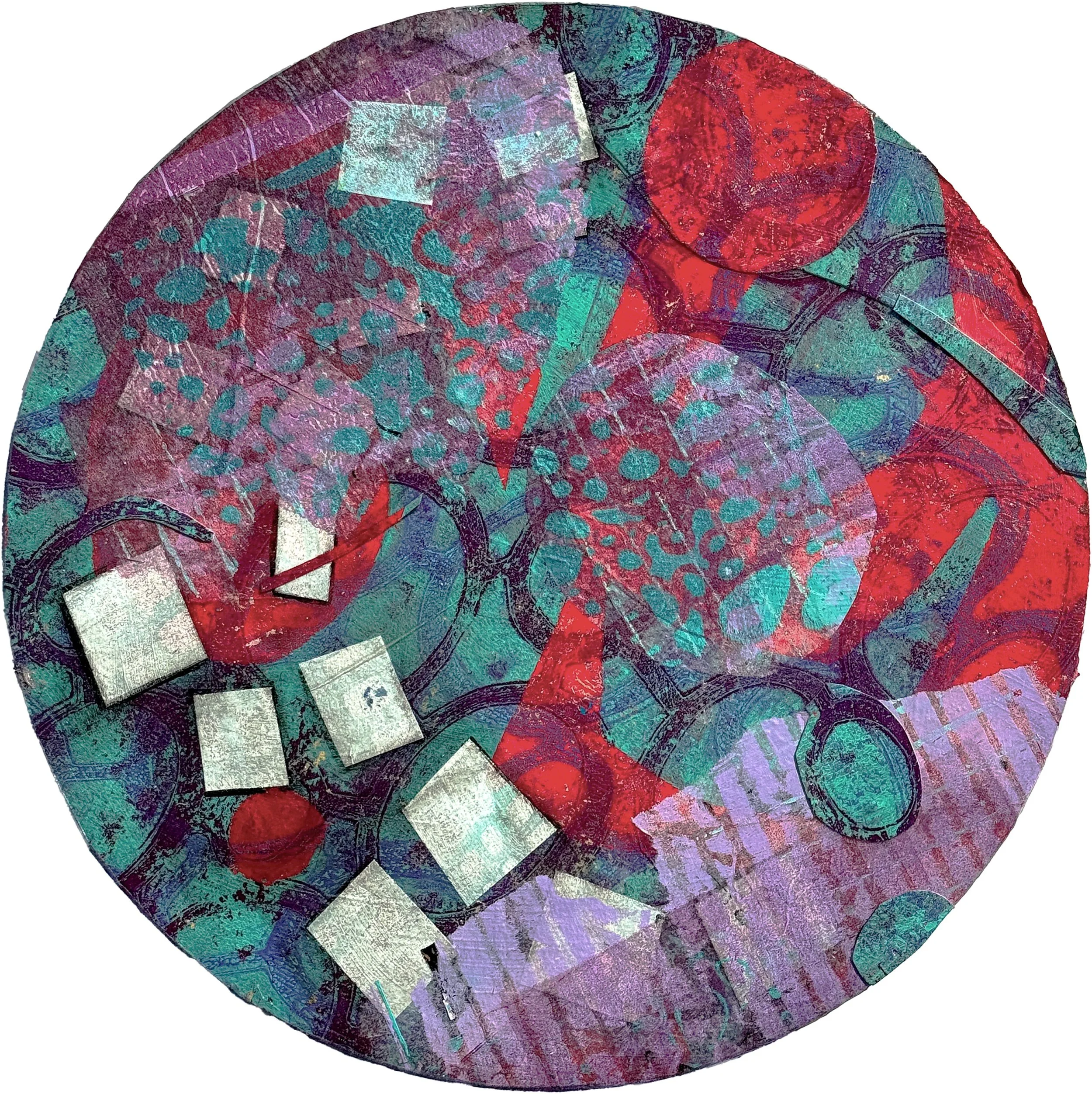 Spring Flows, painted and printed papers, ink, colored pencil, wax, on canvas, 12" Diameter, $300