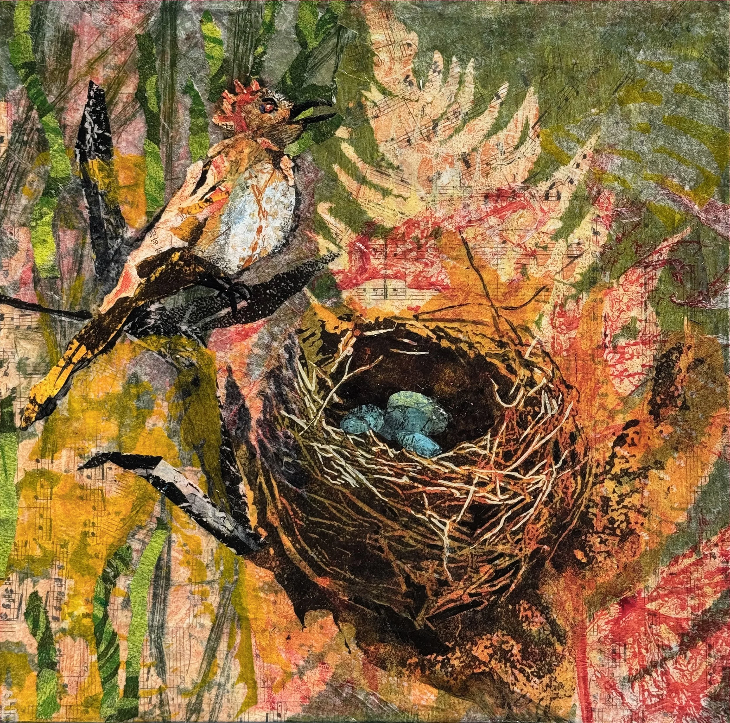 Woodthrush Watch, painted and printed papers, ink, acrylic paint, colored pencil, wax on cradled board, 12 x 12 x .5", $450