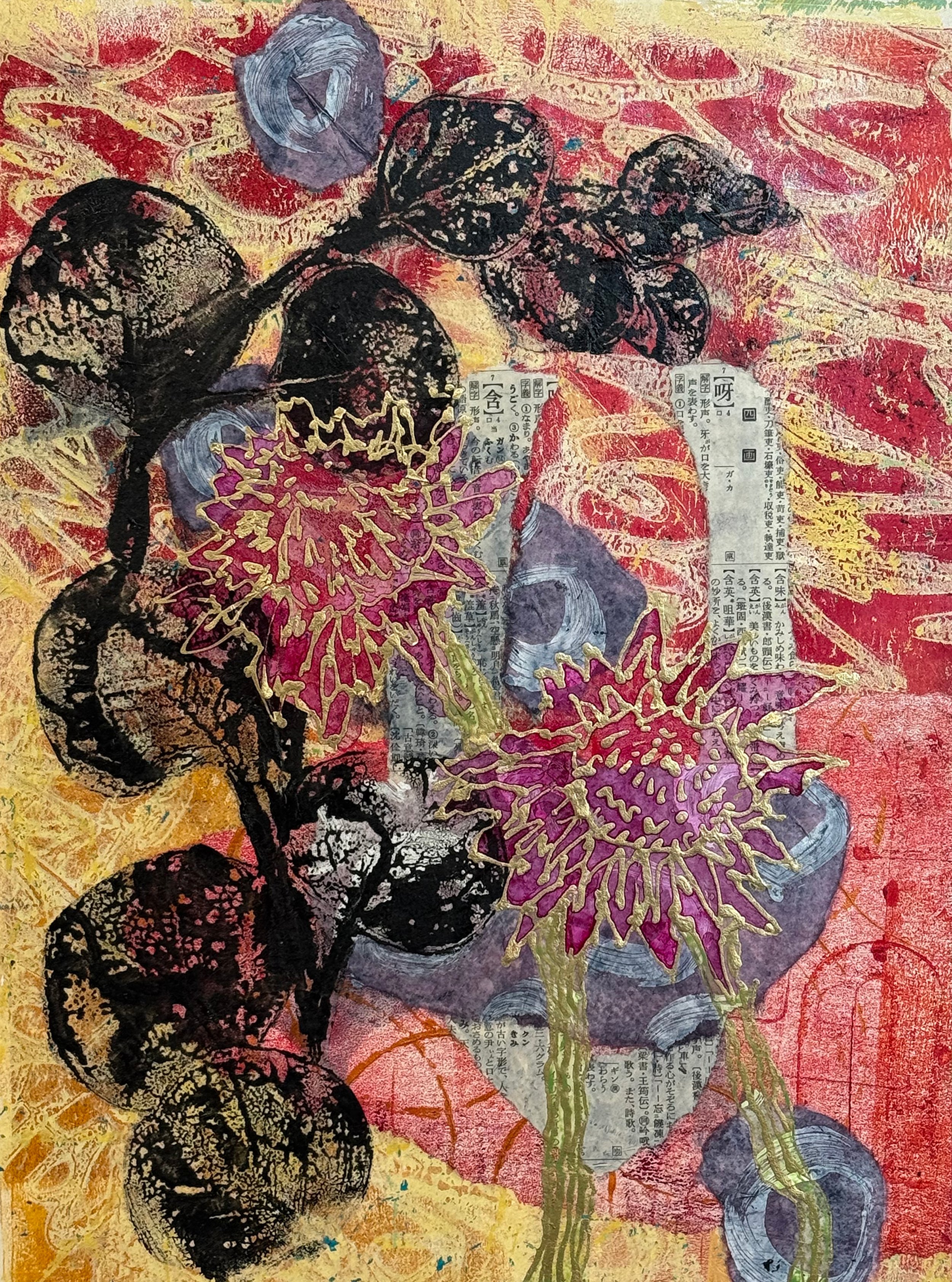 Breathing Echinacea [eucalyptus], hand-painted and hand-printed paper, ink, watercolor collage and wax on canvas, 12 x 9 x 1.75", $350