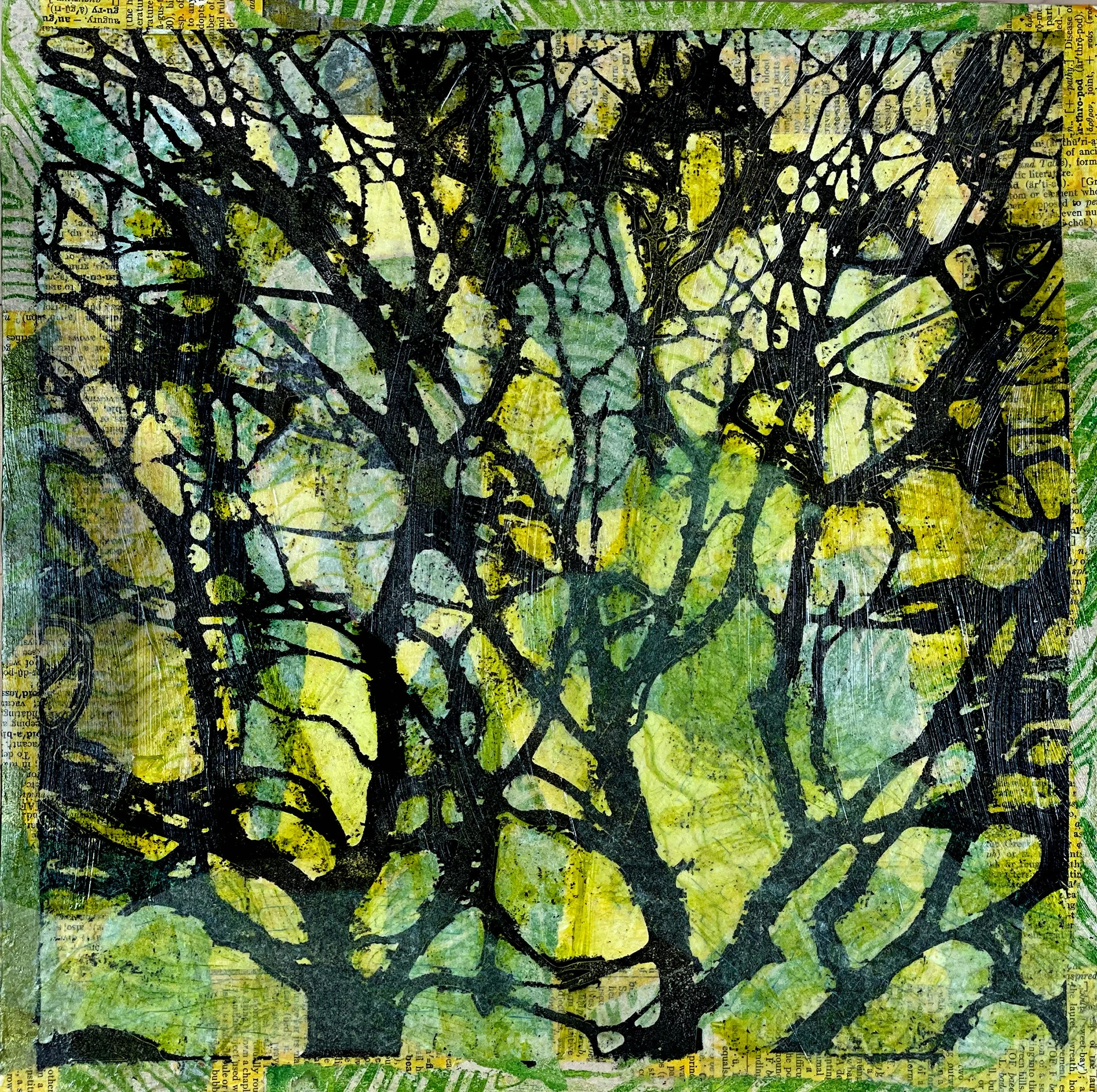 Olive Sky
painted and printed papers, ink, colored pencil, watercolor, wax, on cradled board
12 x 12 x 2"
$290