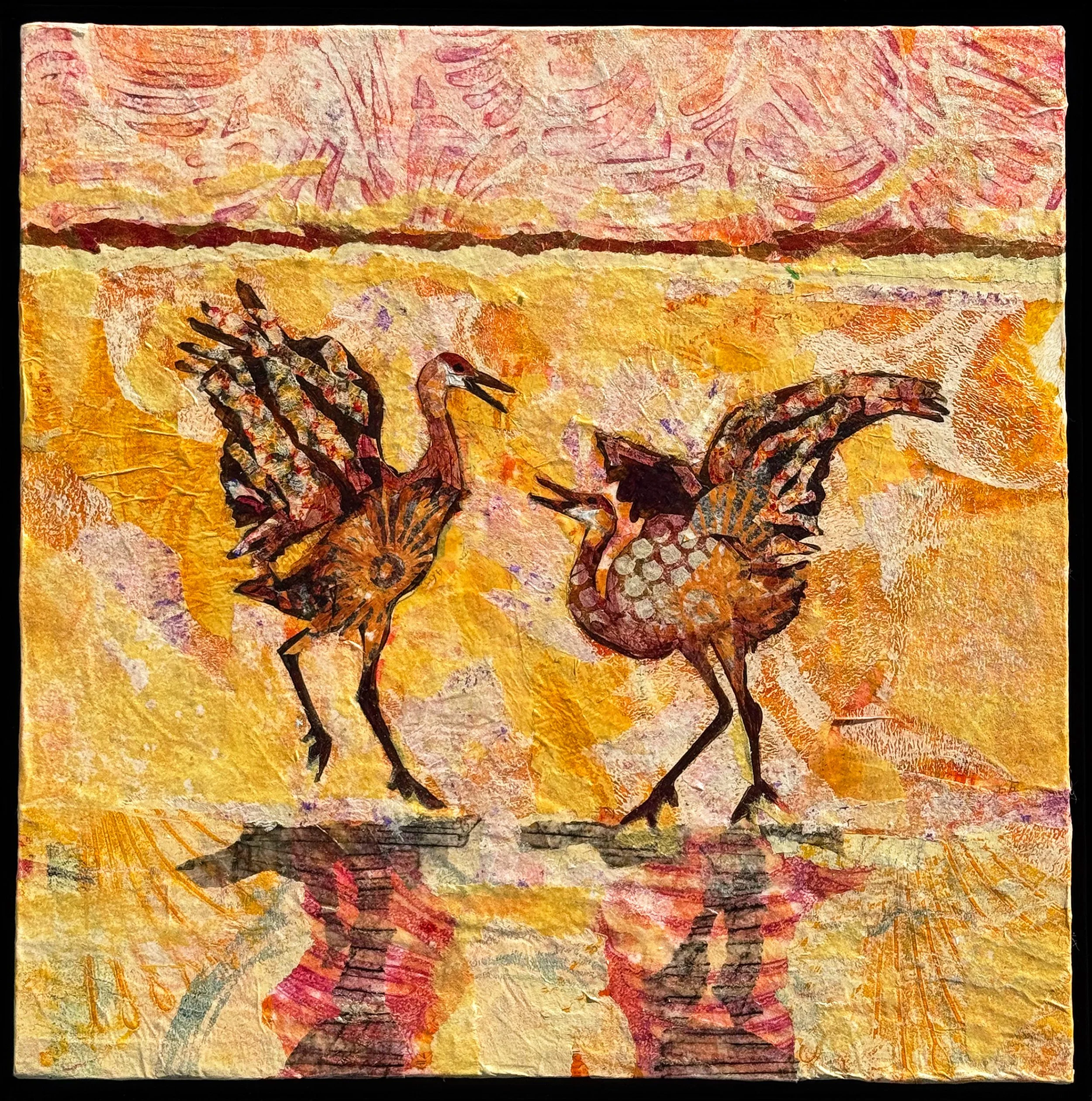 Evening Dance [Sandhill Cranes]
painted and printed papers, ink, colored pencil, wax, on cradled board, archival varnish, framed
12 x 12 x .75"
$1600
