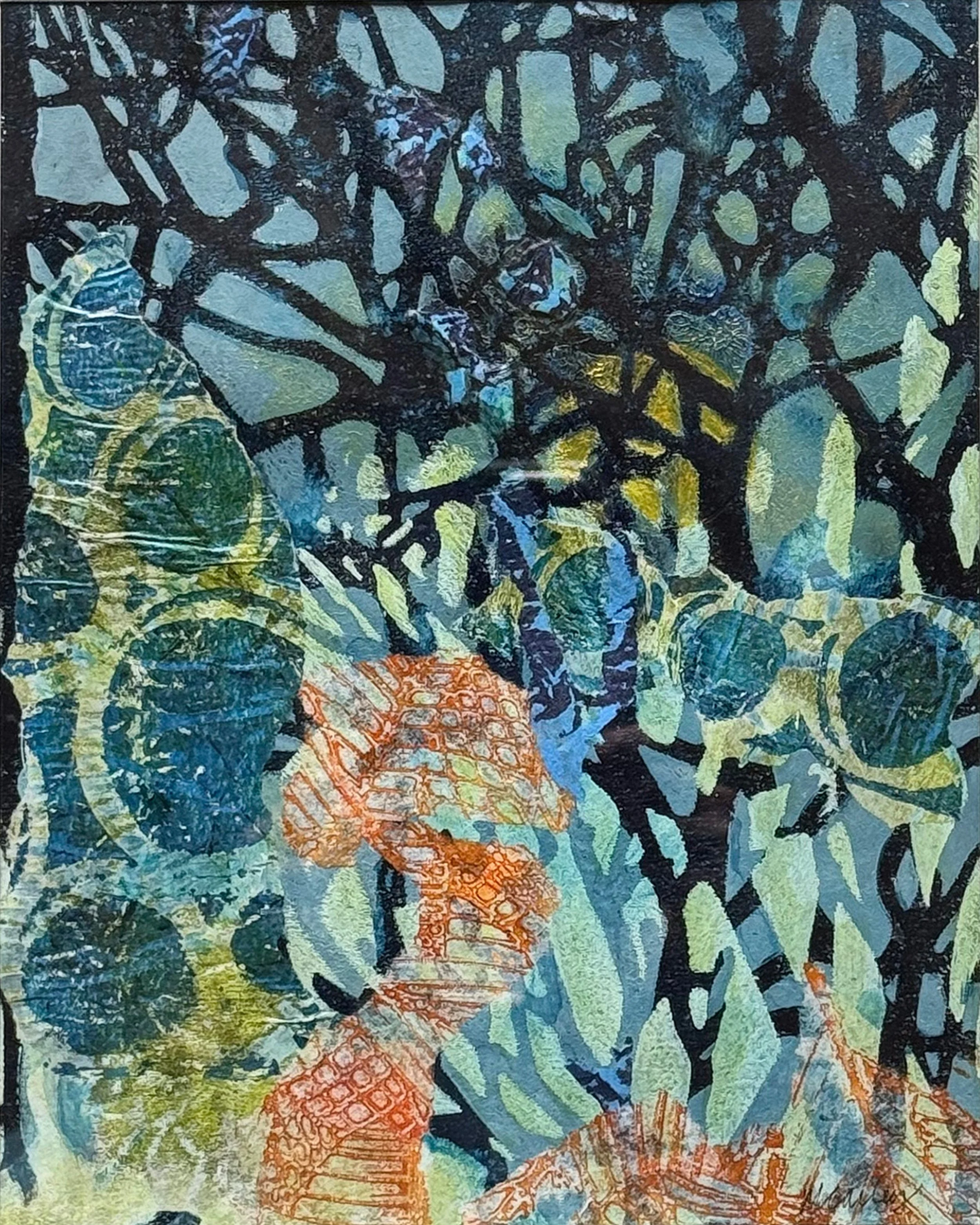 Forest Moonlight
painted and printed papers, ink, colored pencil, wax collage, framed
14 x 11"
NA