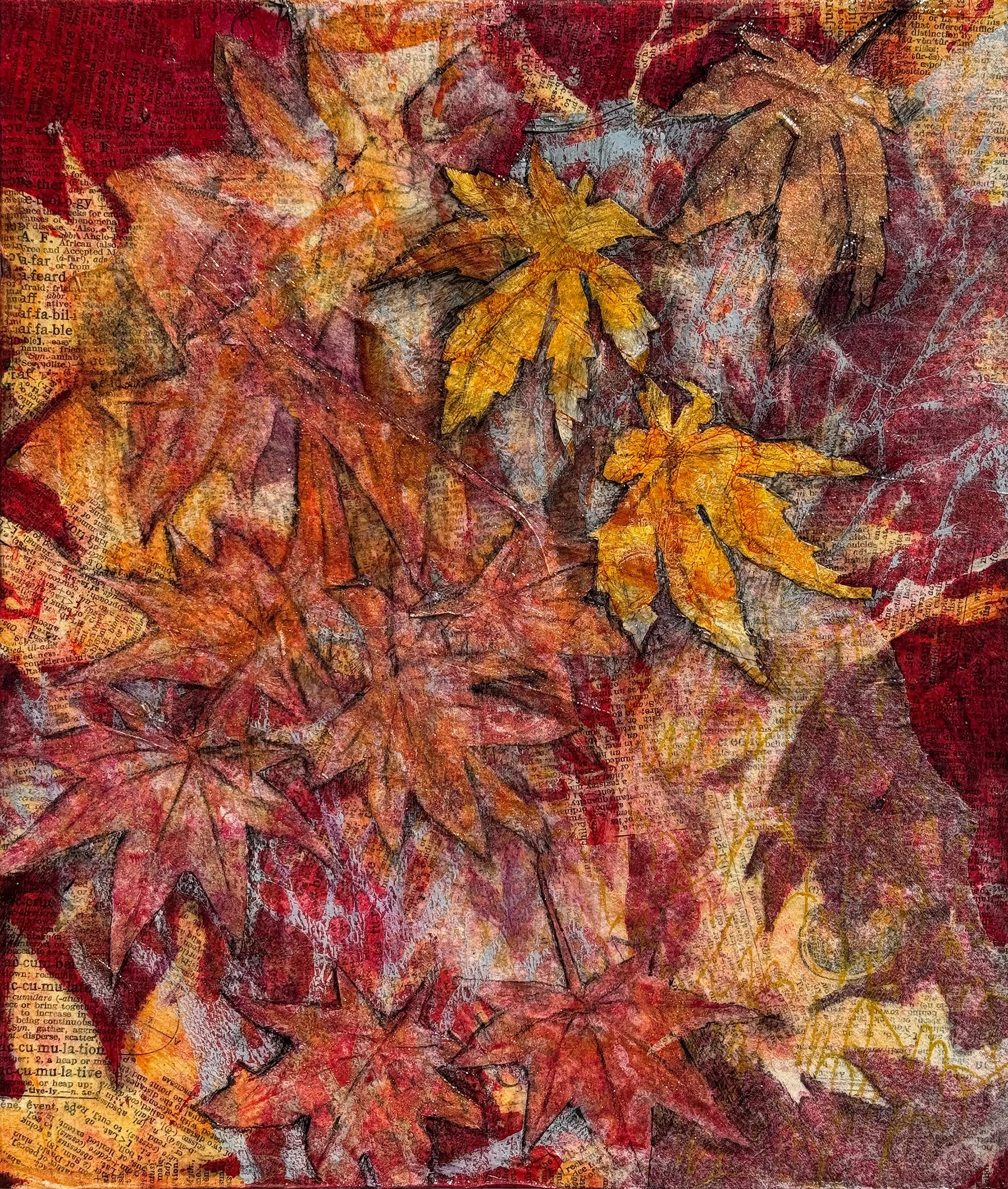 Japanese Maple, hand-painted and hand-printed paper, colored pencil, graphite, watercolor collage and wax on cradled board, $520