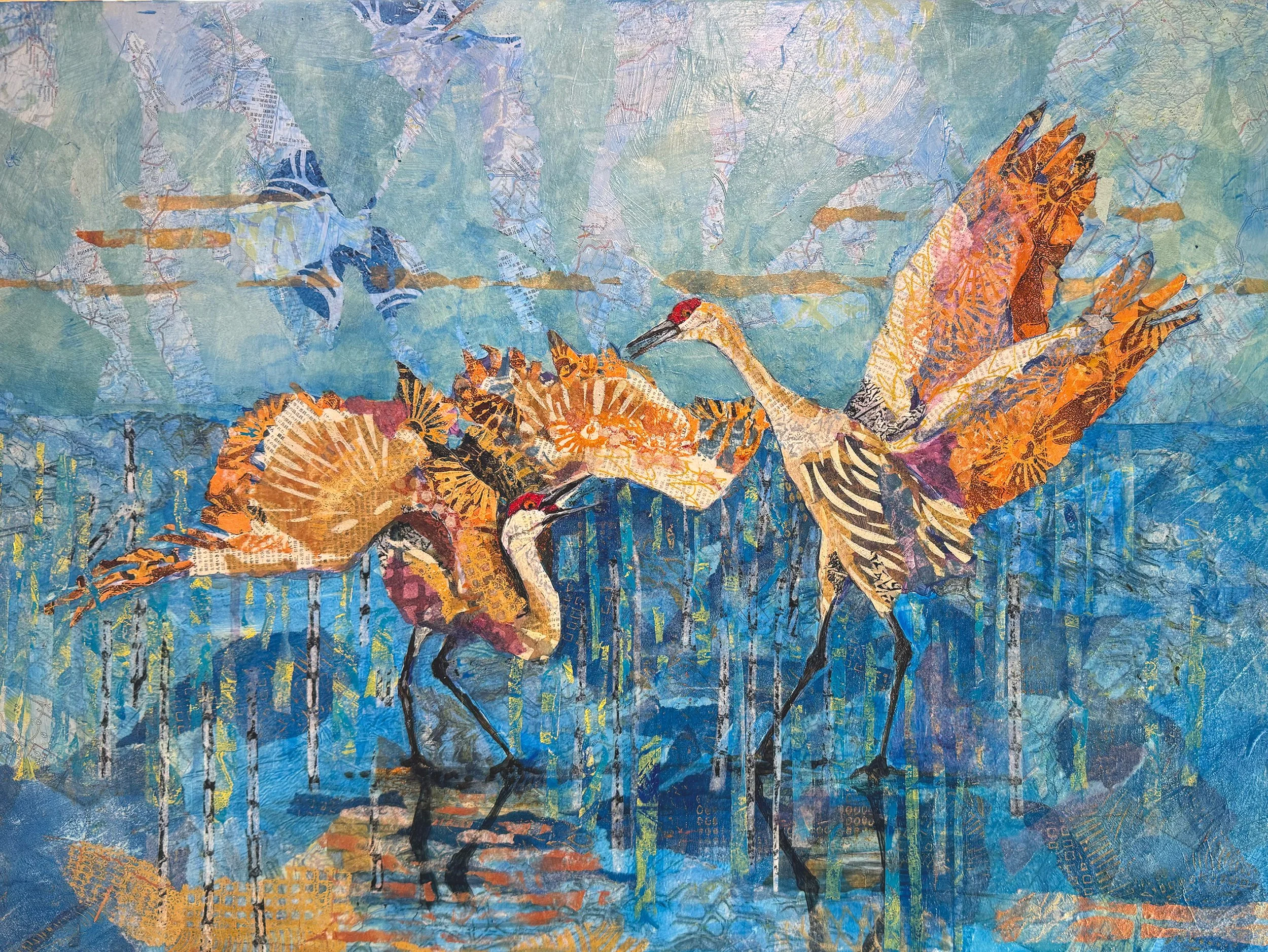 Courtship III [Sandhill Cranes]
painted and printed papers, ink, colored pencil, wax, on cradled board, archival varnish
18 x 24 x 2""
$2600