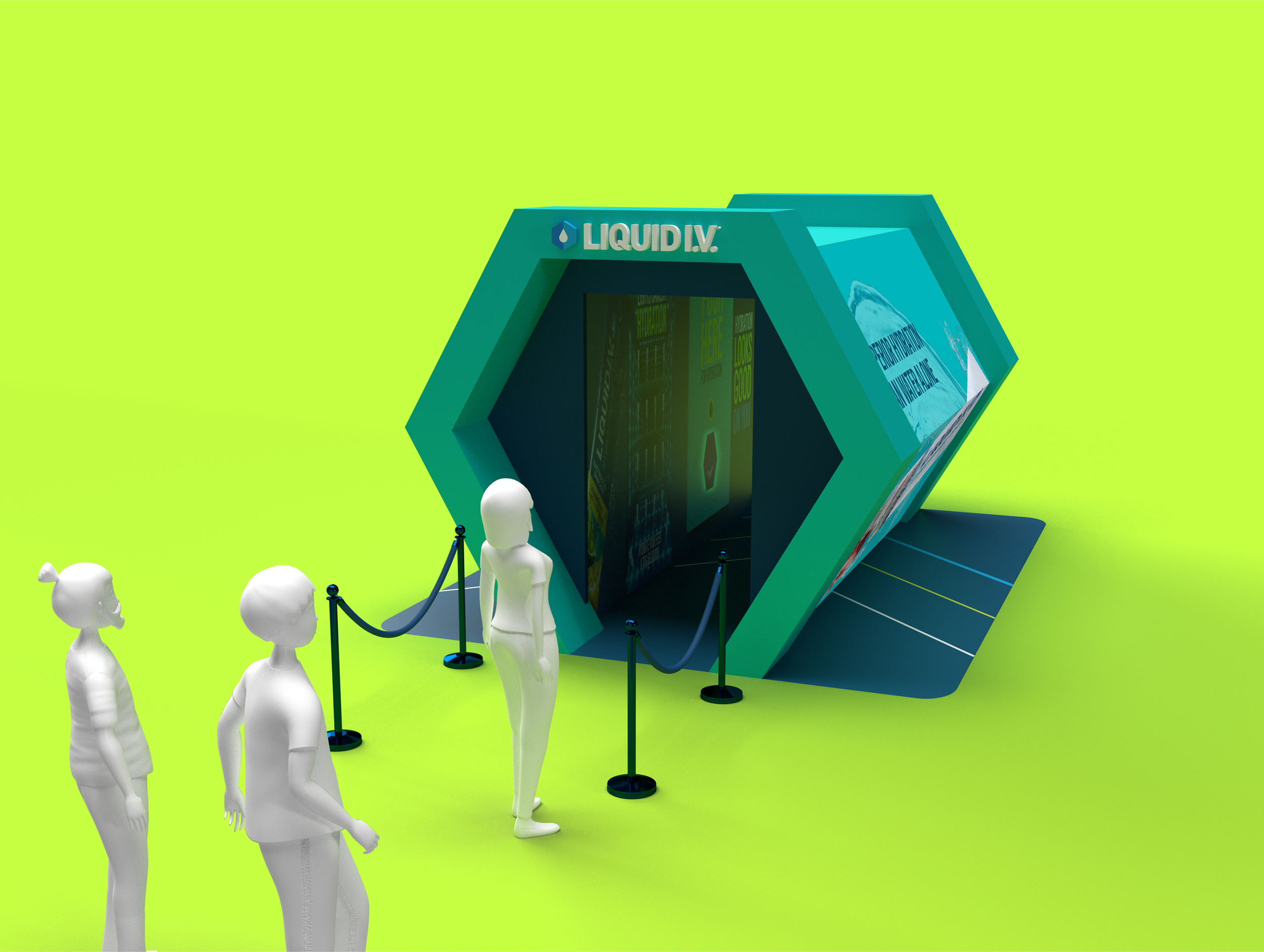 The “Hydration Hub” was designed to immerse attendees in Liquid I.V.'s brand, featuring a hexagonal shape, water misters at the entrance, and an exterior with brand imagery. 