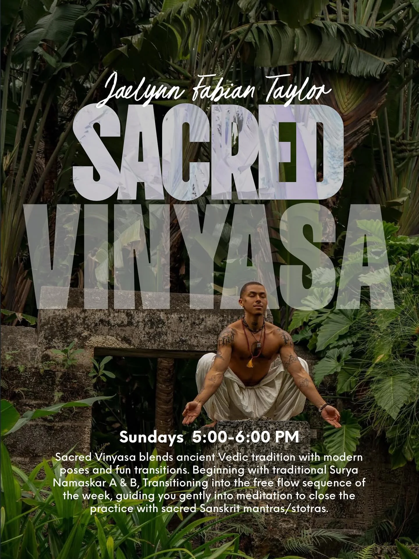 Sacred Vinyasa blends ancient Vedic tradition with modern poses and fun transitions. Beginning with traditional Surya Namaskar A &amp; B, Transitioning into the free flow sequence of the week, guiding you gently into meditation to close the practice 