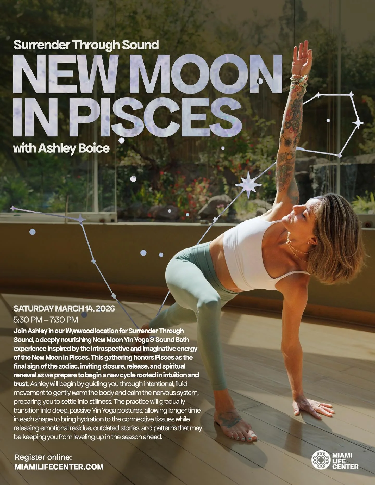 Join Ashley for Surrender Through Sound, a deeply nourishing New Moon Yin Yoga &amp; Sound Bath experience inspired by the introspective and imaginative energy of the New Moon in Pisces. This gathering honors Pisces as the final sign of the zodiac, i