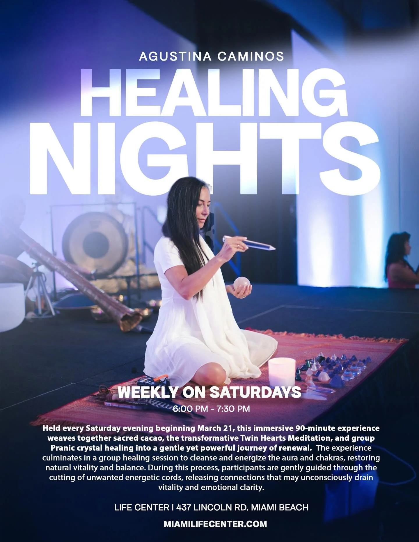Healing Nights is a refined weekly ritual designed to restore energetic balance, release the accumulated stress of the week, and reconnect participants with a deeper sense of clarity and inner harmony.

Held every Saturday evening beginning March 21,