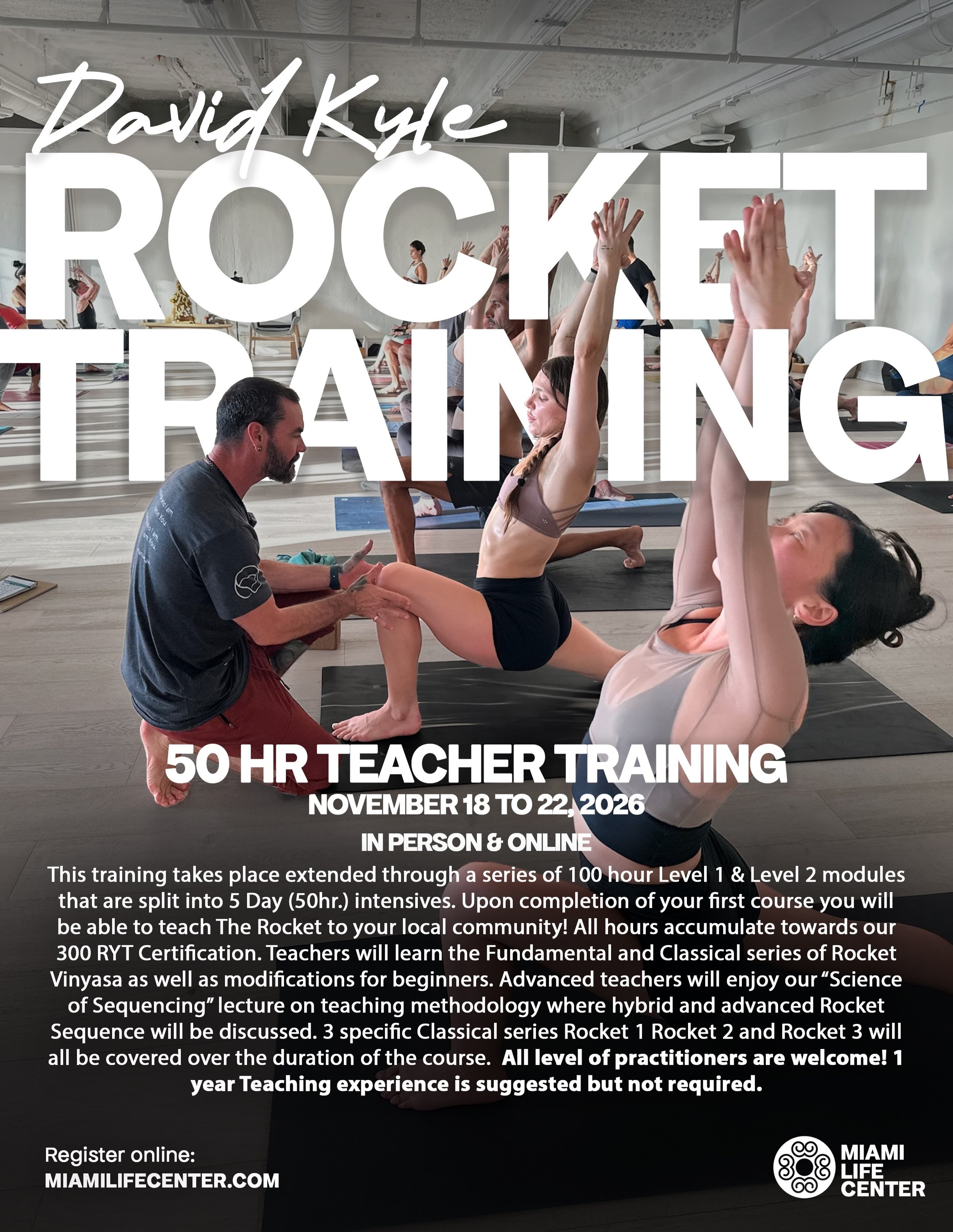 We&rsquo;re so excited to announce @davidckyle will be back at MLC this November!!!! Rocket Vinyasa Yoga Teacher Trainings were designed by David Kyle to offer existing yoga teachers an opportunity to specialize and become certified in a particular m