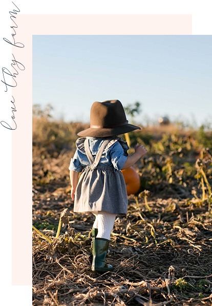 Cute Little Girl with Hat Walking in Pumpkin Patch