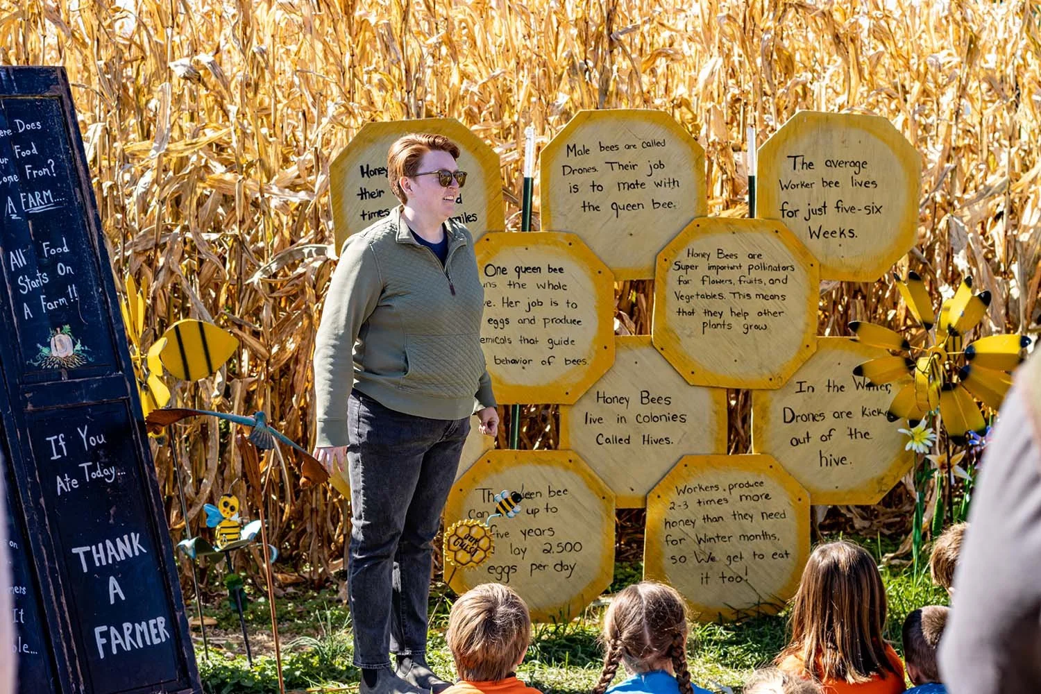Students learning about bees in the corn maze at Sinkland Farms