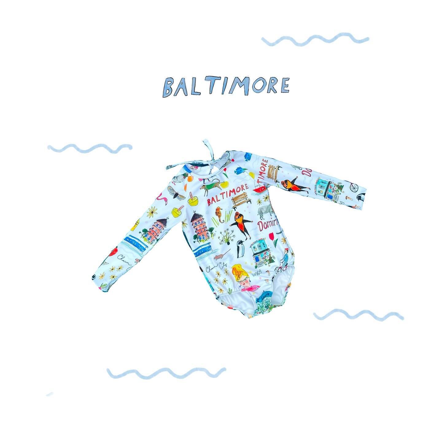 Kids swimsuits in two fun patterns, Baltimore 🦀 and Beach 🏖️ available to shop with @solayaswim solayaswim.com/collections/kids-swim