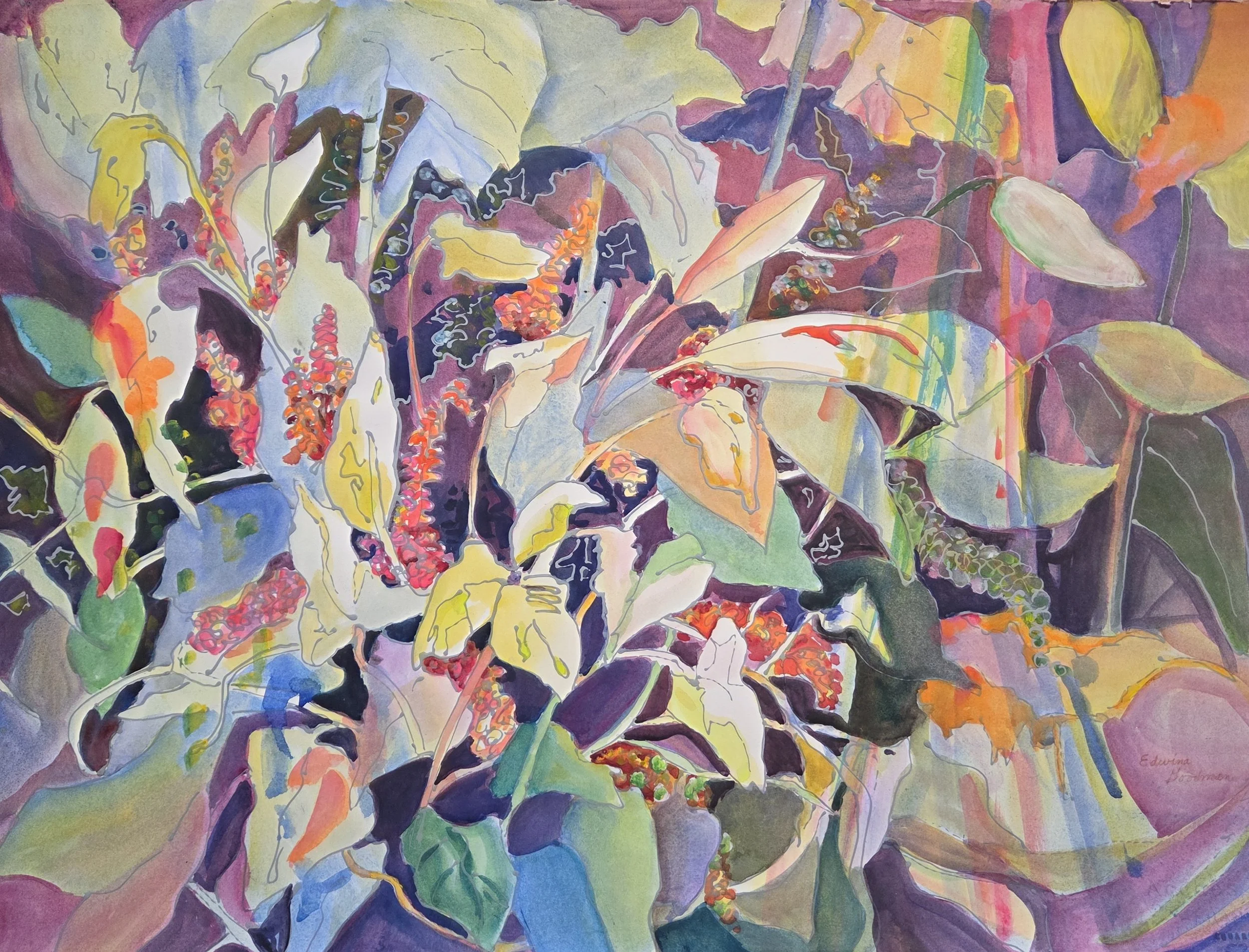 EG016- "Ferns and Philandrow, 1996", 30x22, mixed media