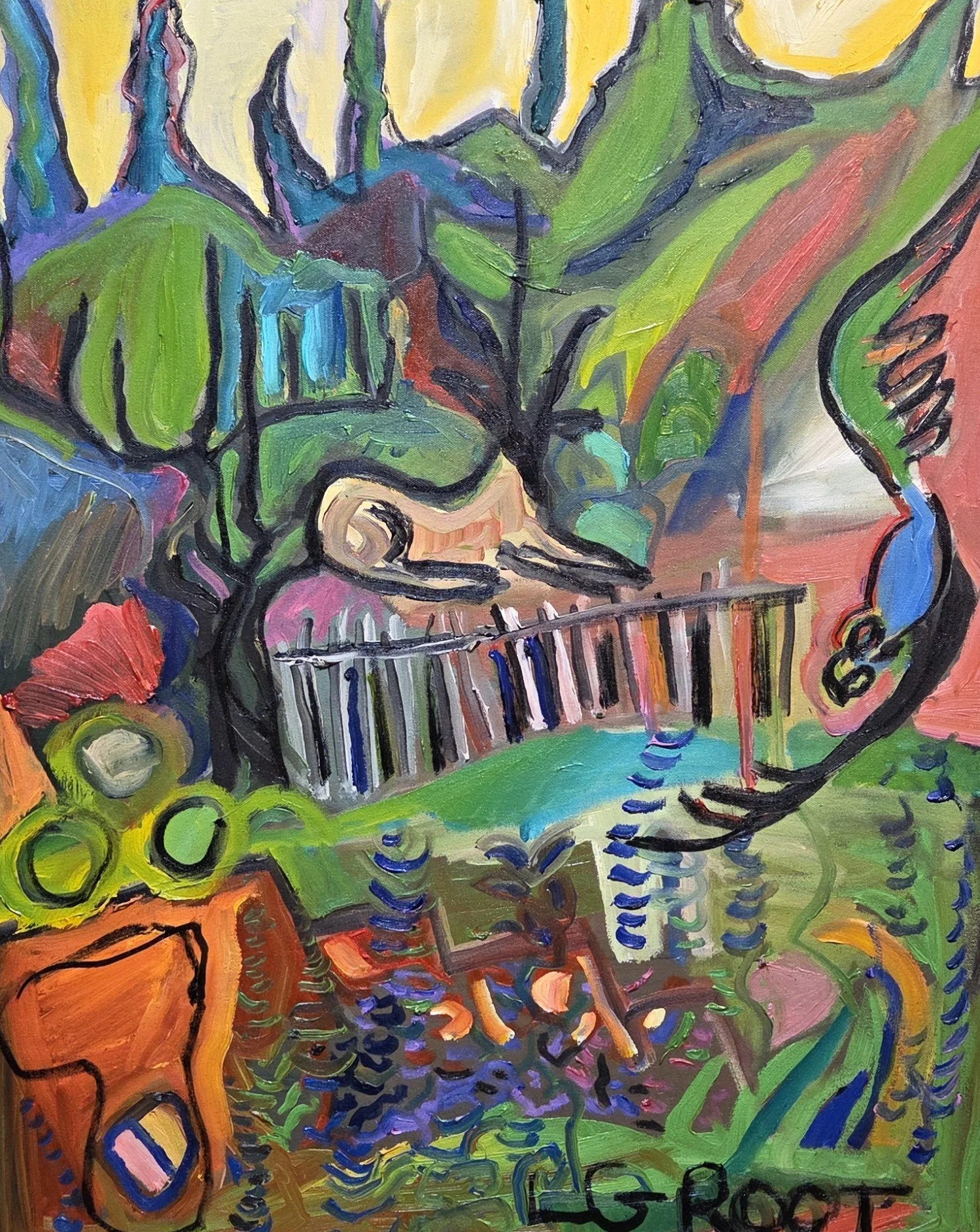 Lynn Green Root, Deer Statue, 24x30, acrylic on canvas