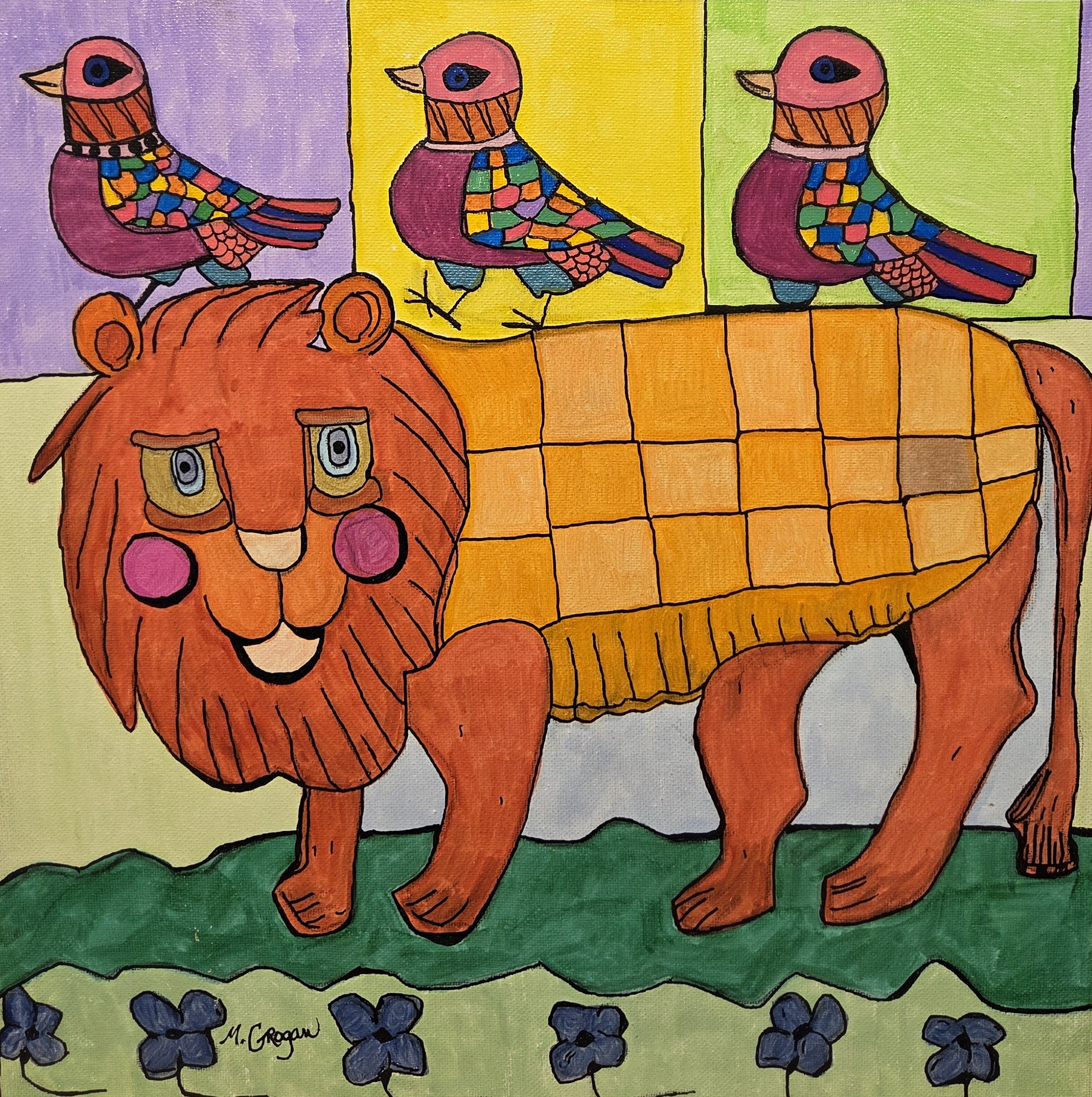 MG107- Makoto's Lion, 14x14, mixed media