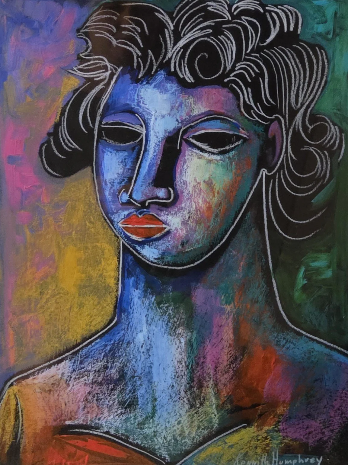 Kennith Humphrey, Portrait of Woman with Curly Hair, 12x16, mixed media on paper