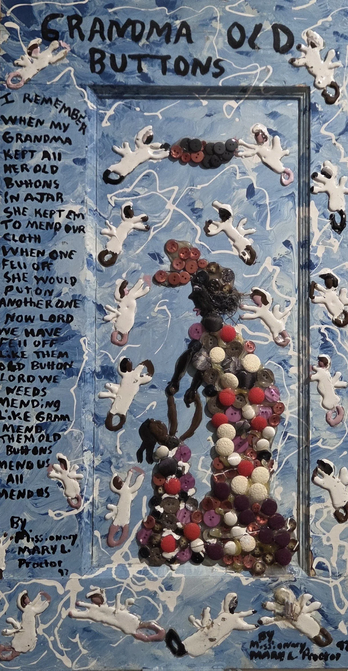 Missionary Mary Proctor, Grandma Old Buttons, 16x30, mixed media on board