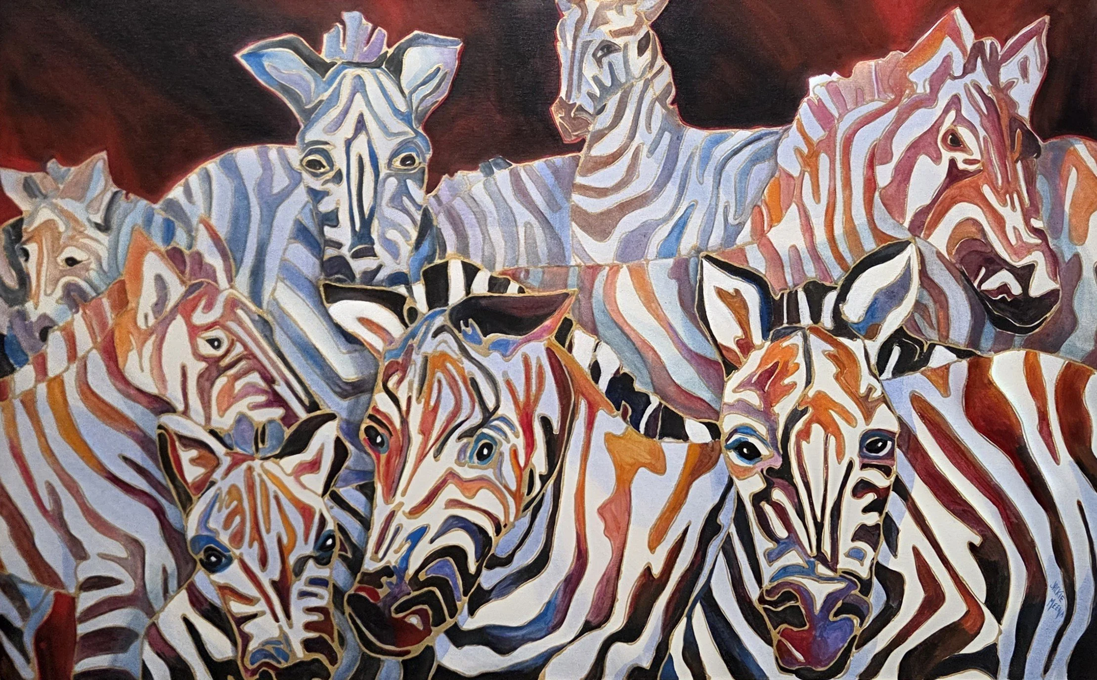 Jackie Meena, Zebras, 48x30, mixed media on canvas