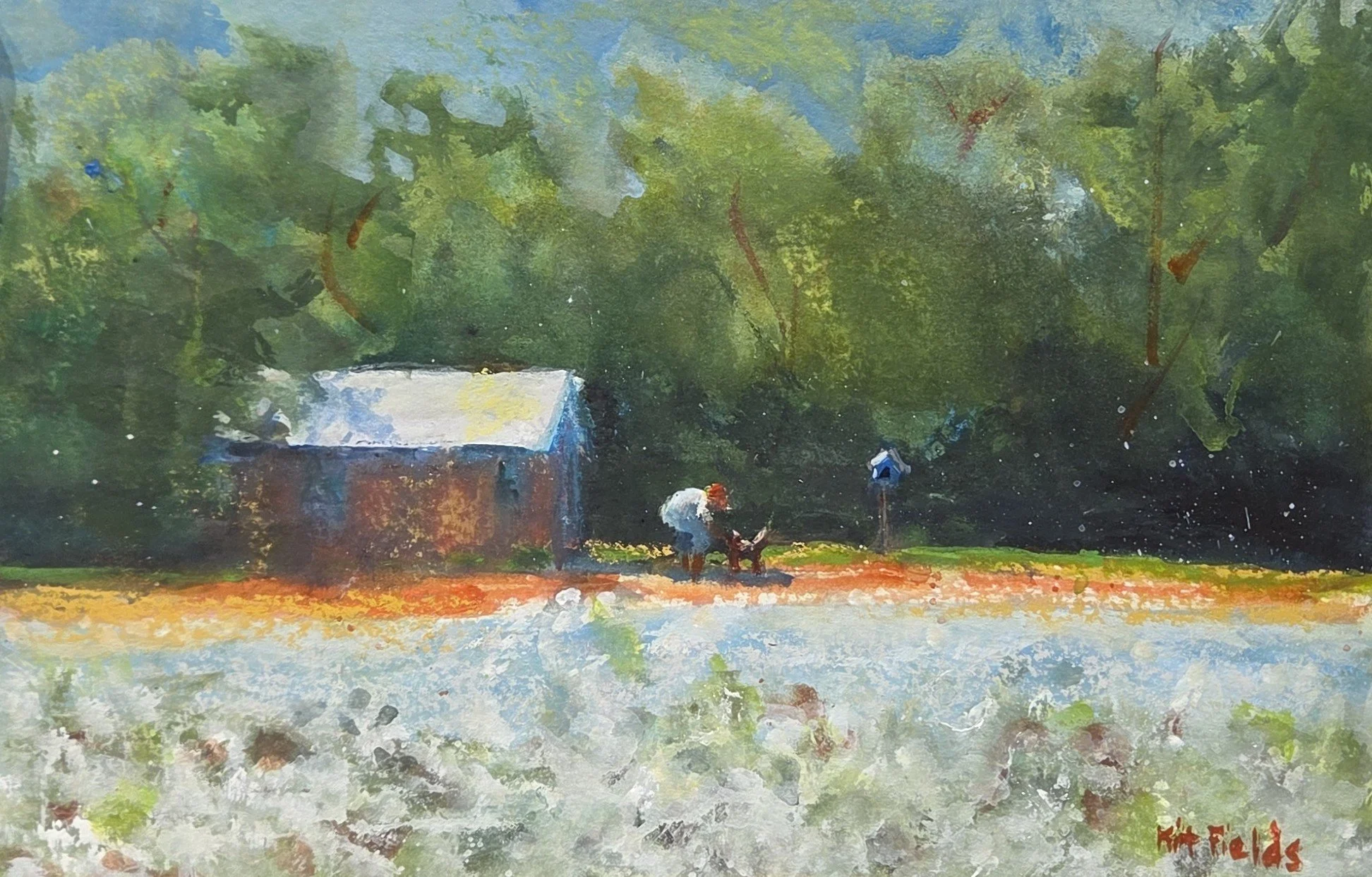KF829- By the Bird House, 11x7, mixed media on paper