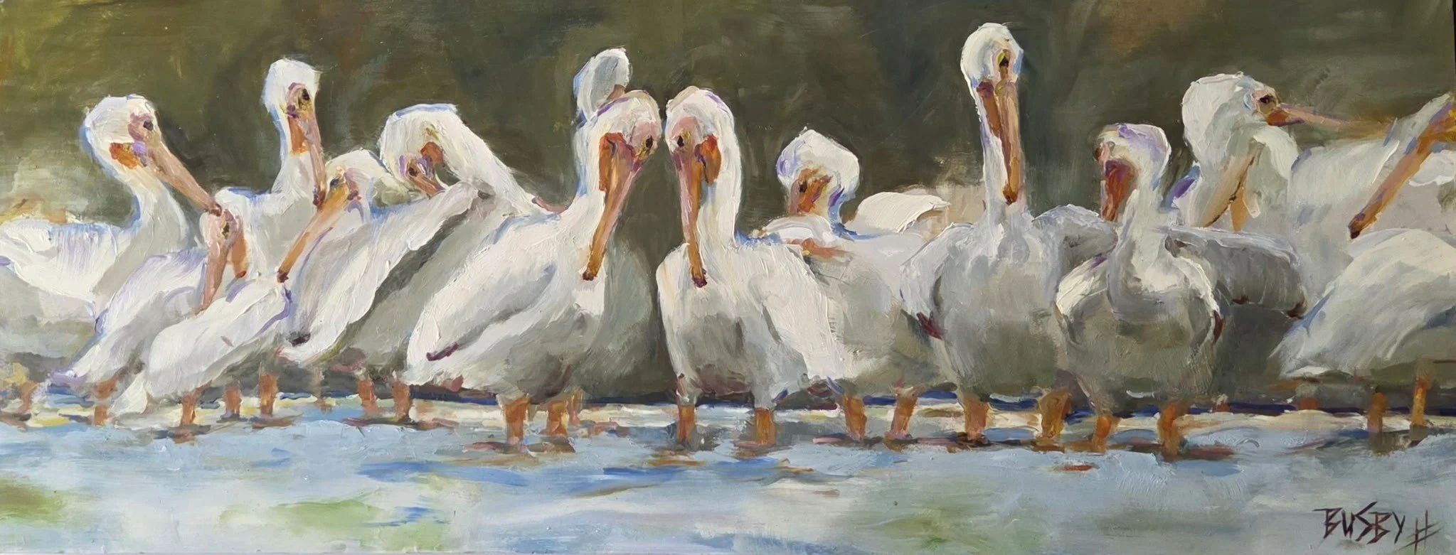 *SOLD* LB042- Pelican Party, 60x24, oil on board