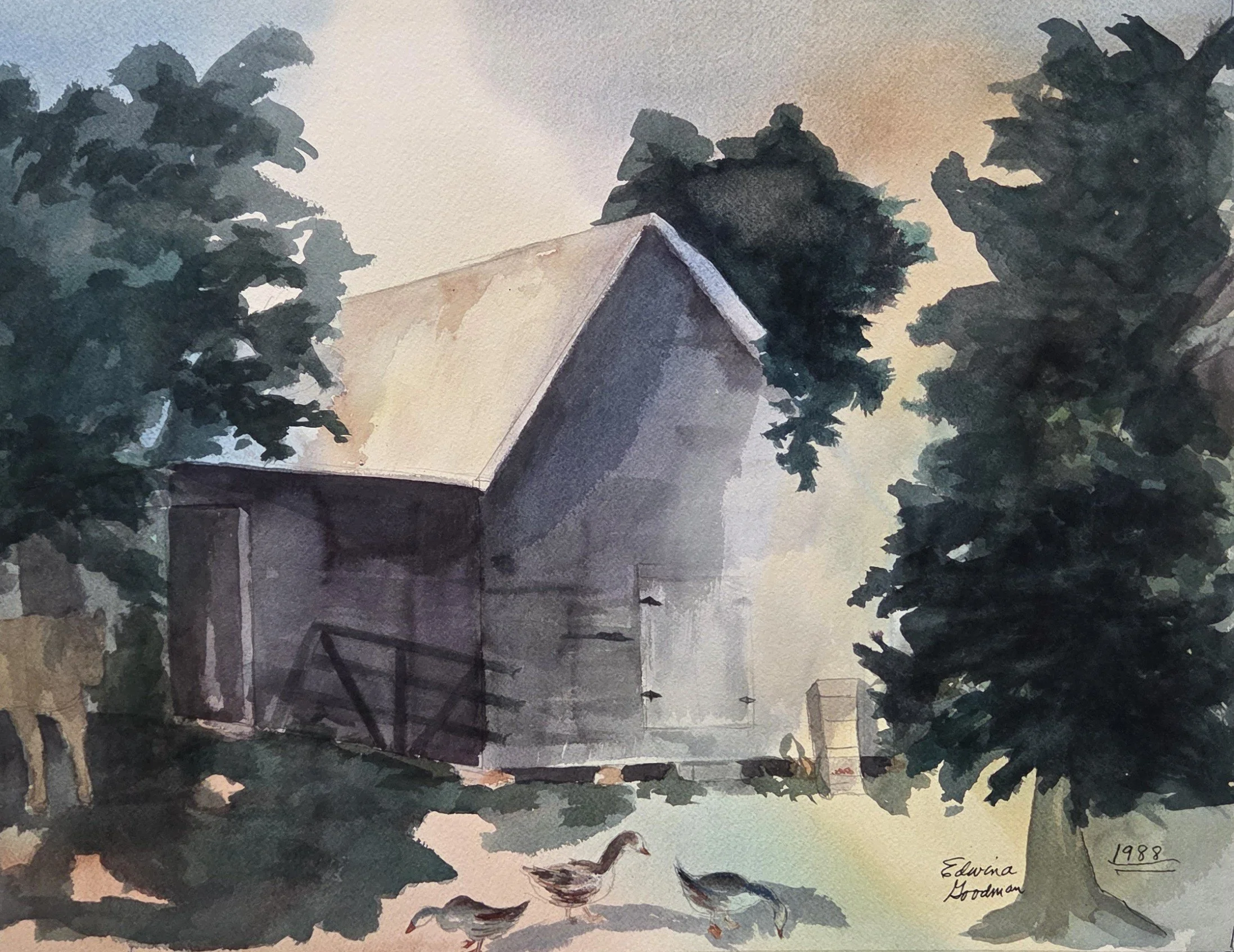 EG072- Geese and Barn, 1988, 18x14, watercolor