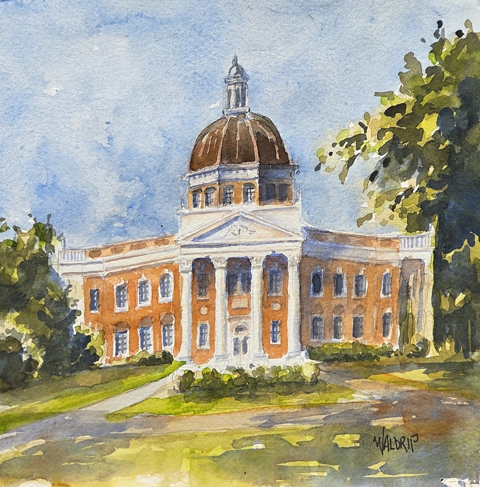 DW483- USM Administration Building, 7.5x7.5, watercolor