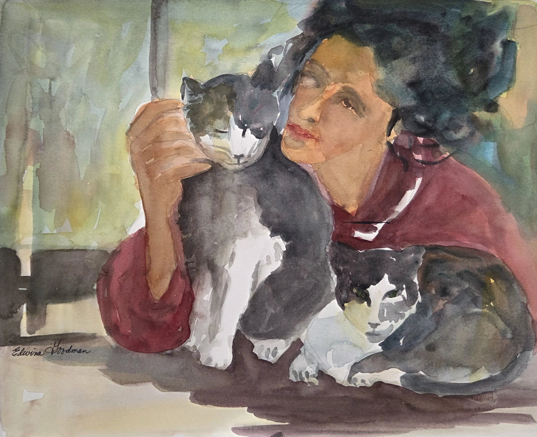 EG003- Feline Friends, 13x10, watercolor