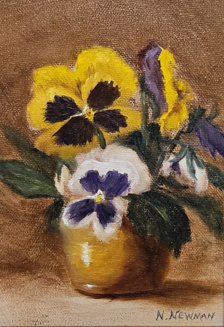 Nancy Newman, Pansies, 5x7, oil on canvas