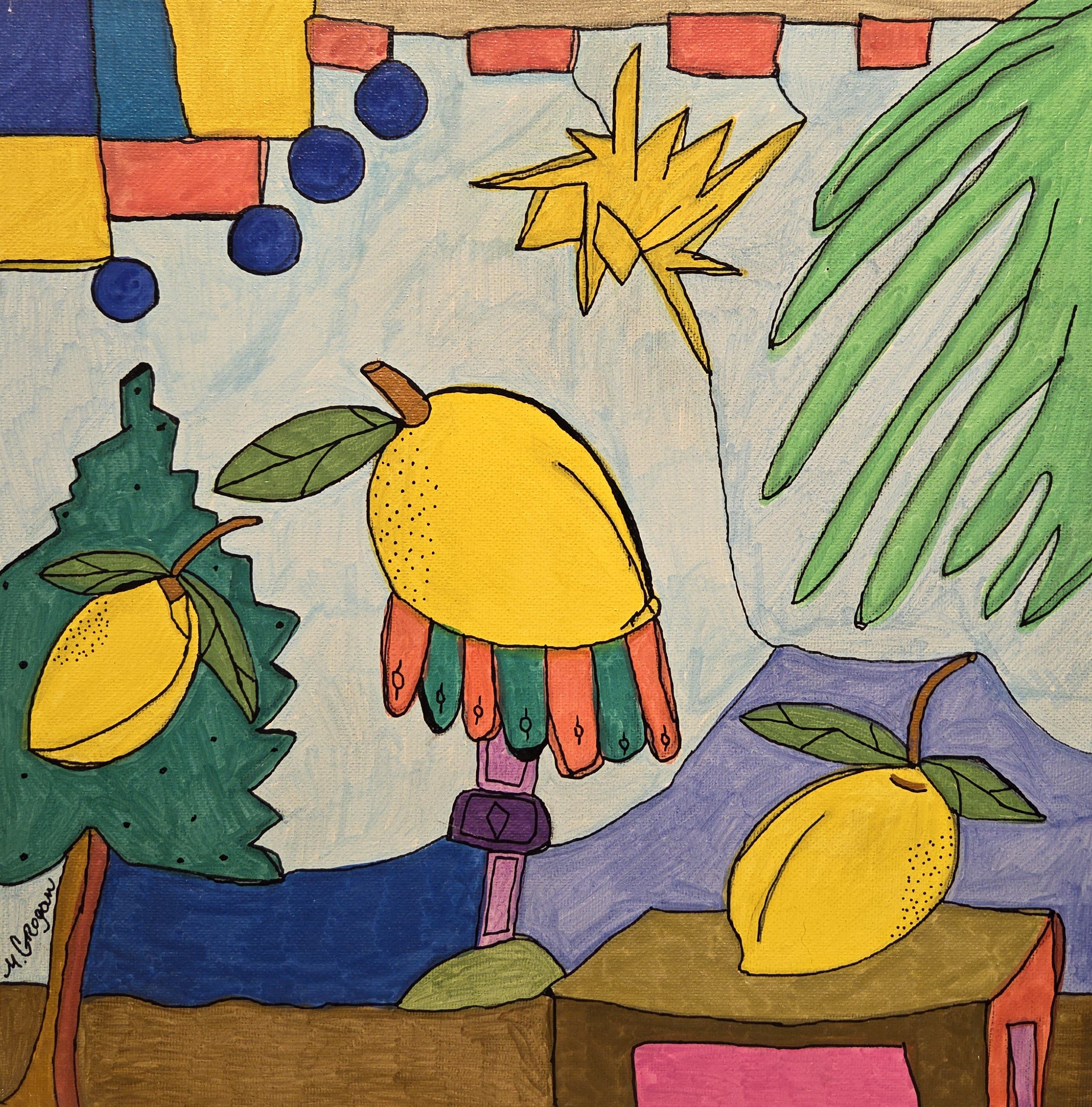 MG098- Putting Lemons on a Pedestal, 12x12, mixed media