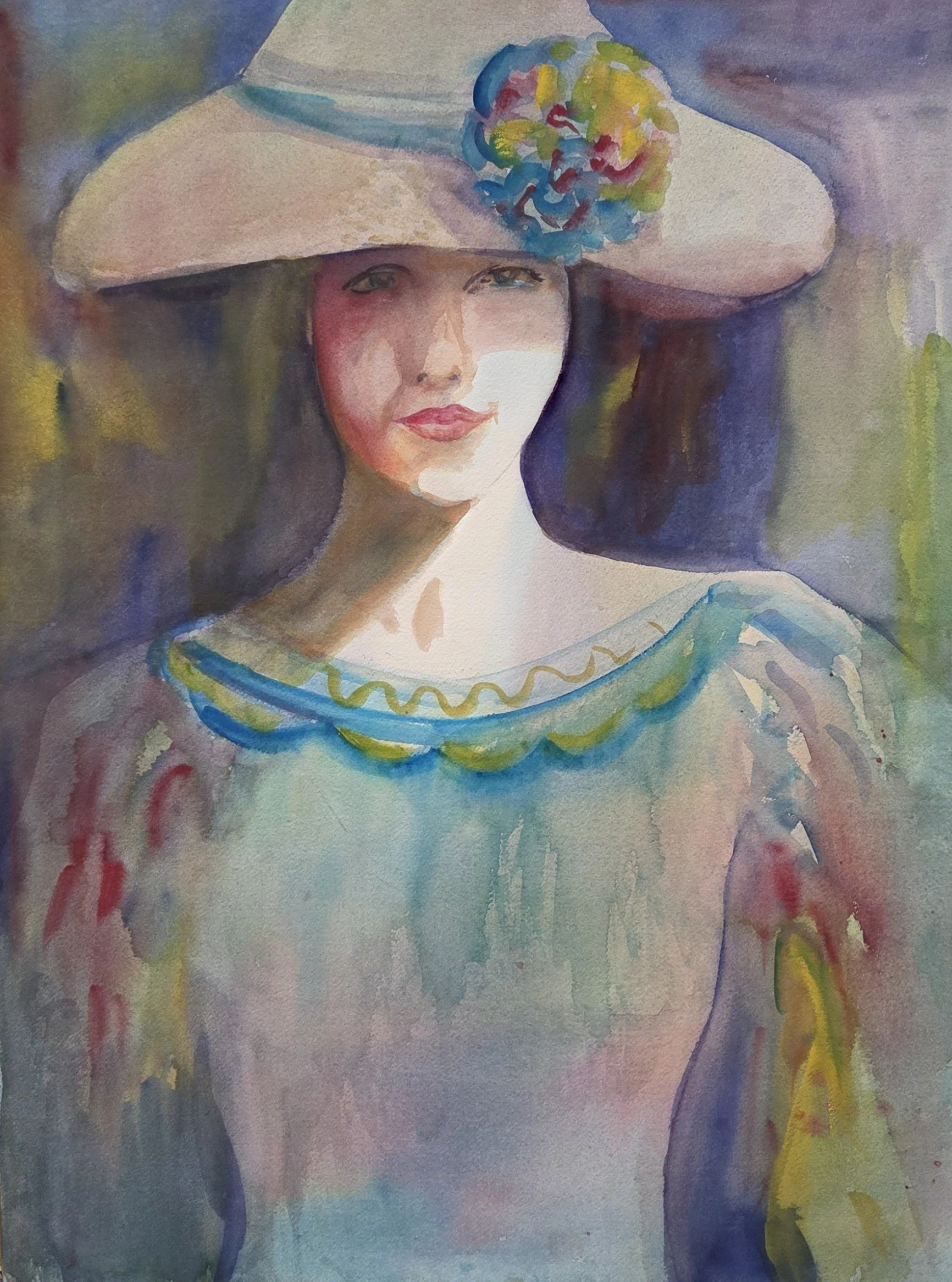 EG189- Green Hat with Flower, 18x24, watercolor