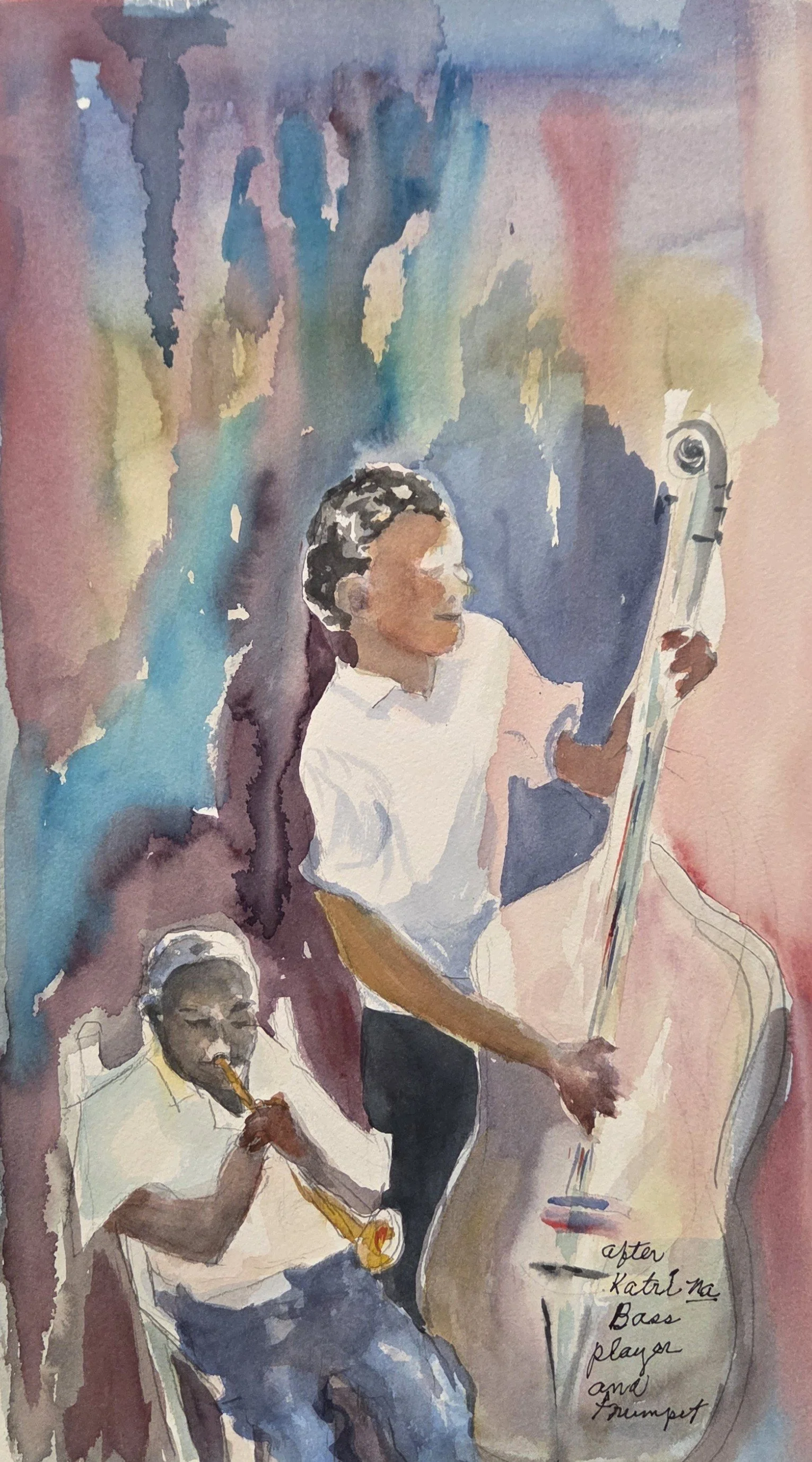 EG068- "After Katrina- Bass Player and Trumpet", 10x18, watercolor
