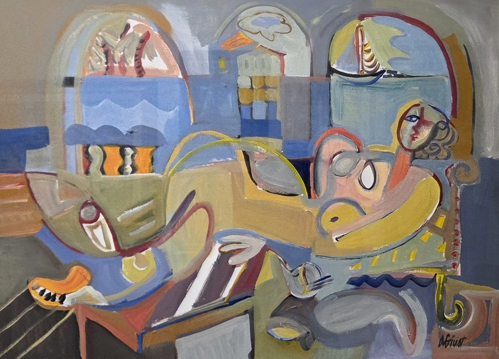 Amy Giust, Nude and Boat, mixed media on paper