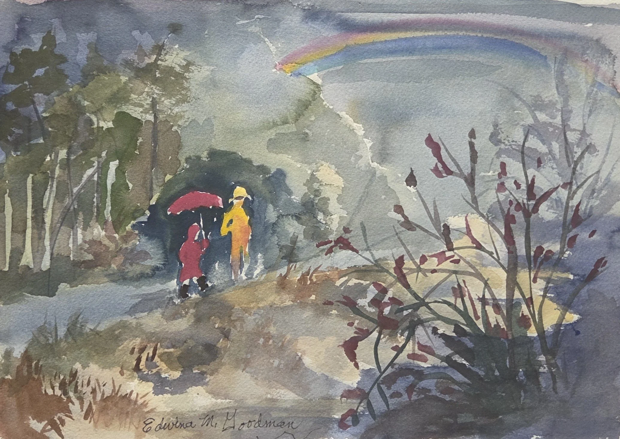 EG036- "Walking through the Rainbow with Little Sister", 14x10, watercolor
