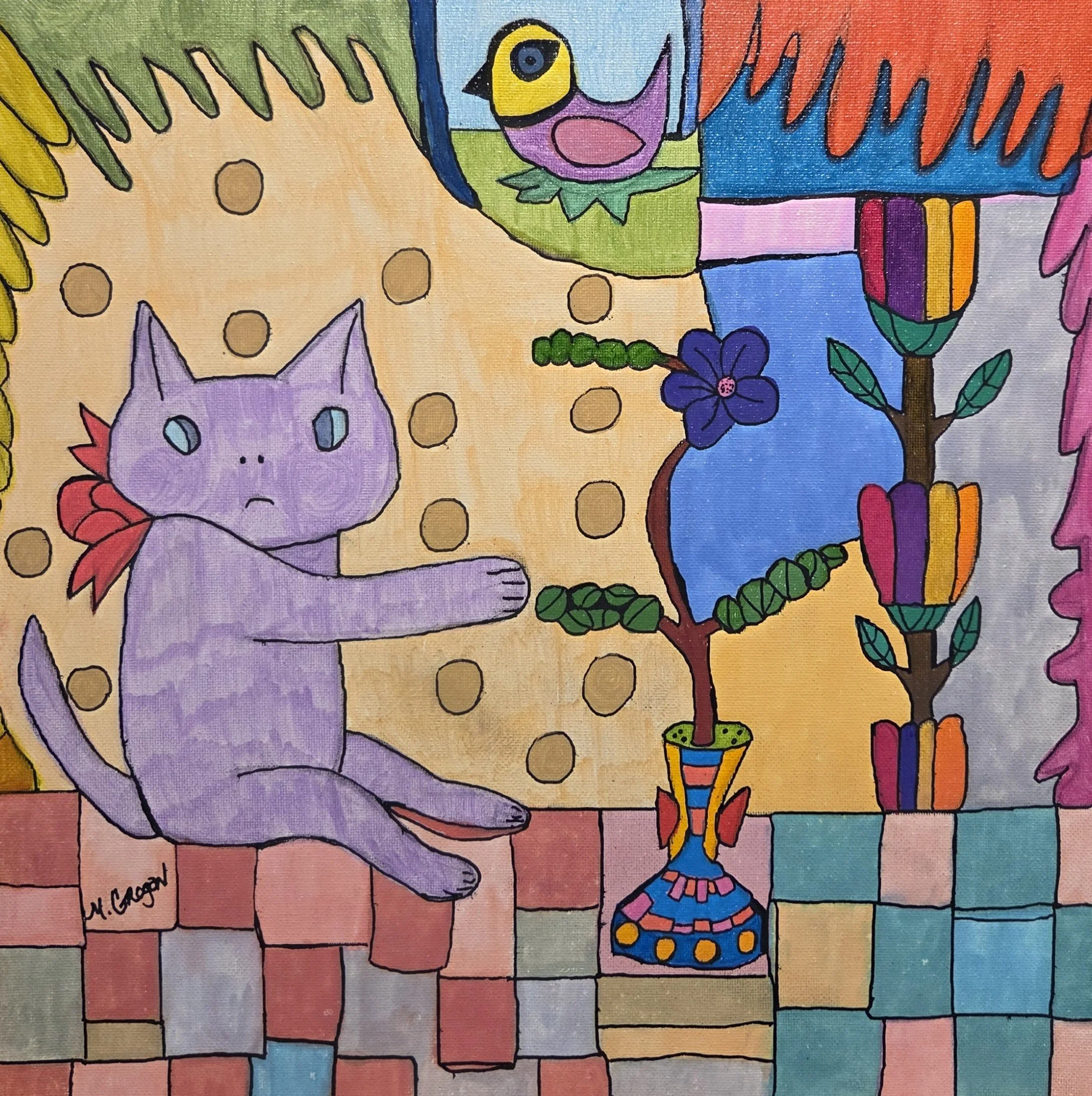 MG112- Another Makoto Cat, 14x14, mixed media