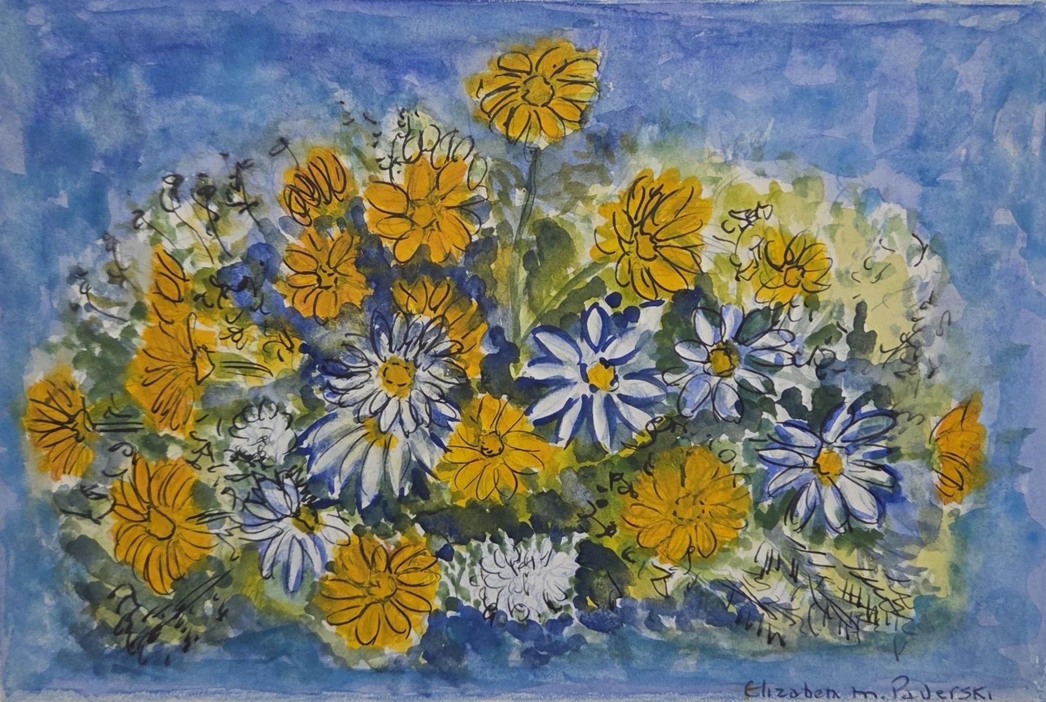 Elizabeth Pajerski, Bouquet on Blue, 10x7, watercolor and ink