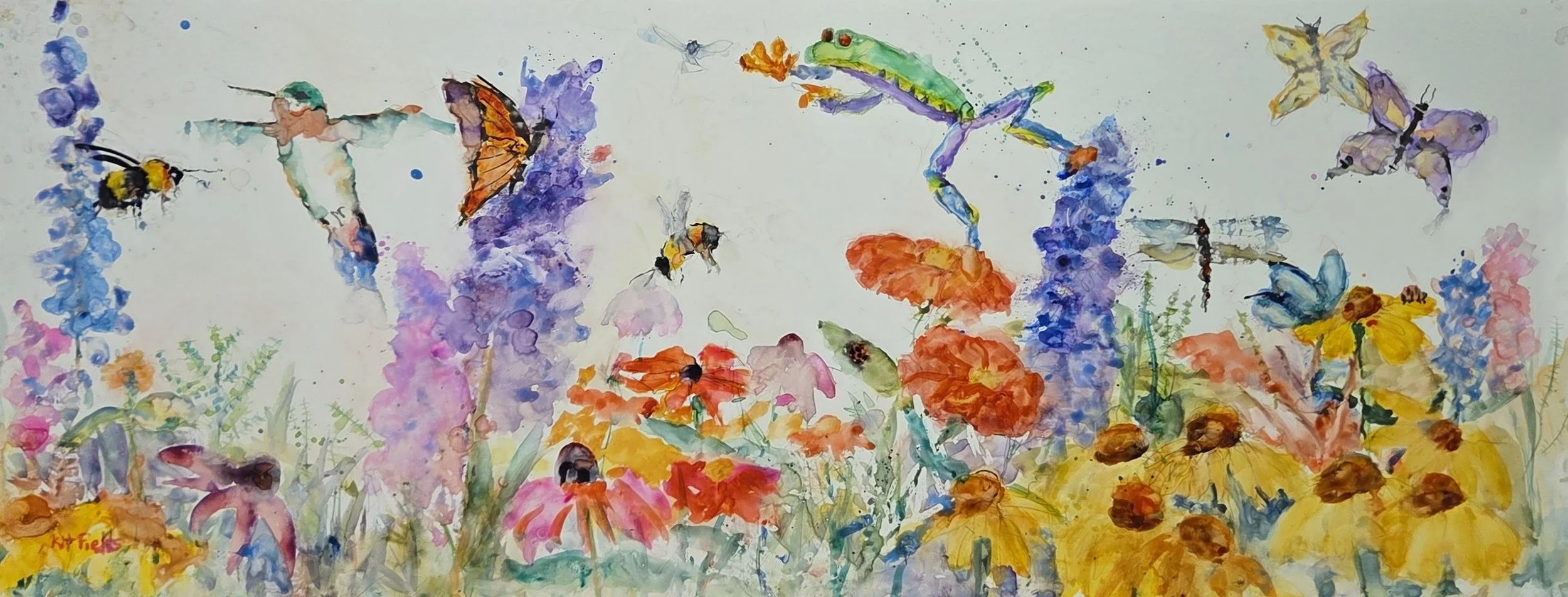 KF827- Summer Time Scramble, 26x10, watercolor on yupo