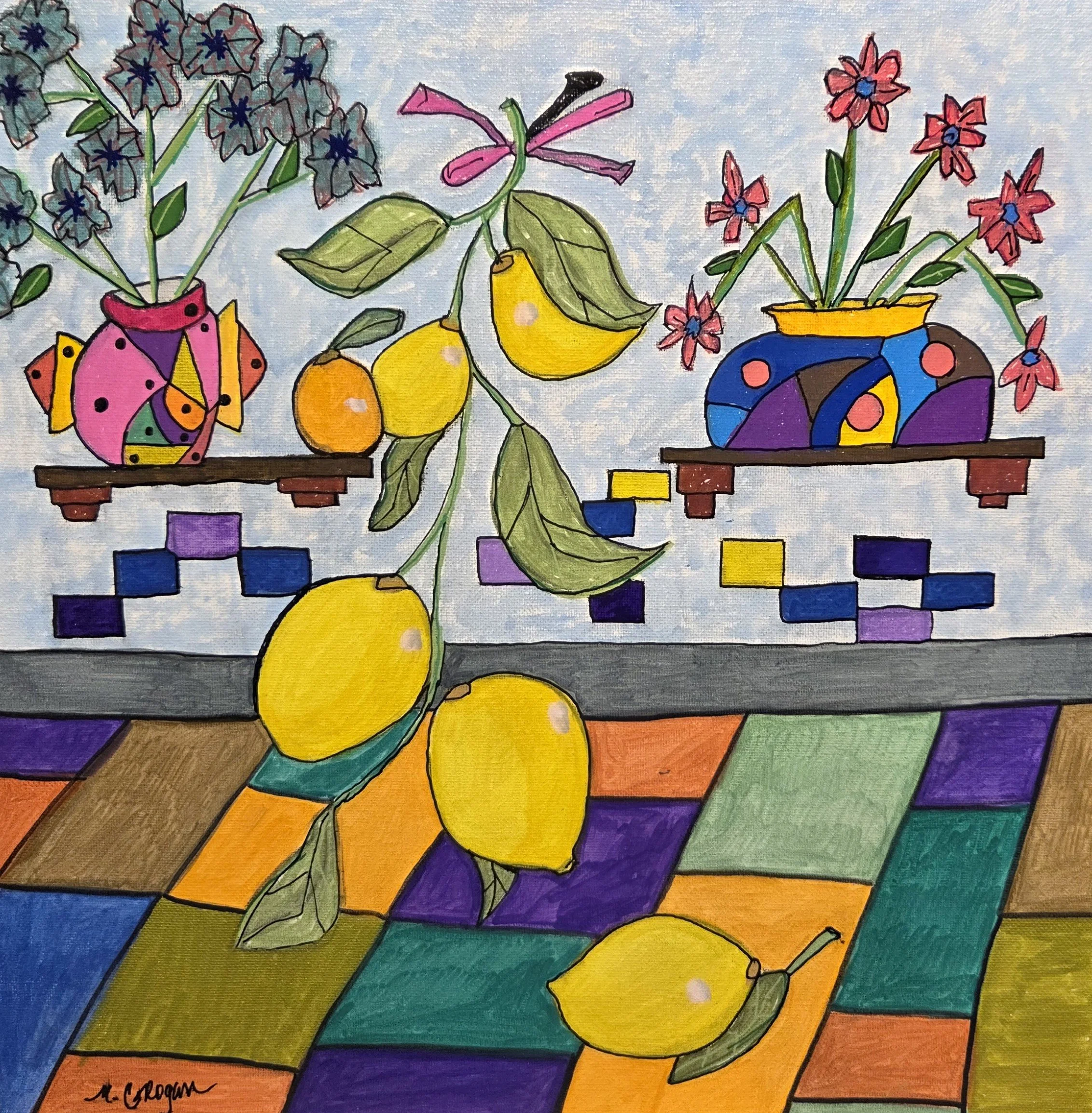 MG105- Lemons Descending, 14x14, mixed media